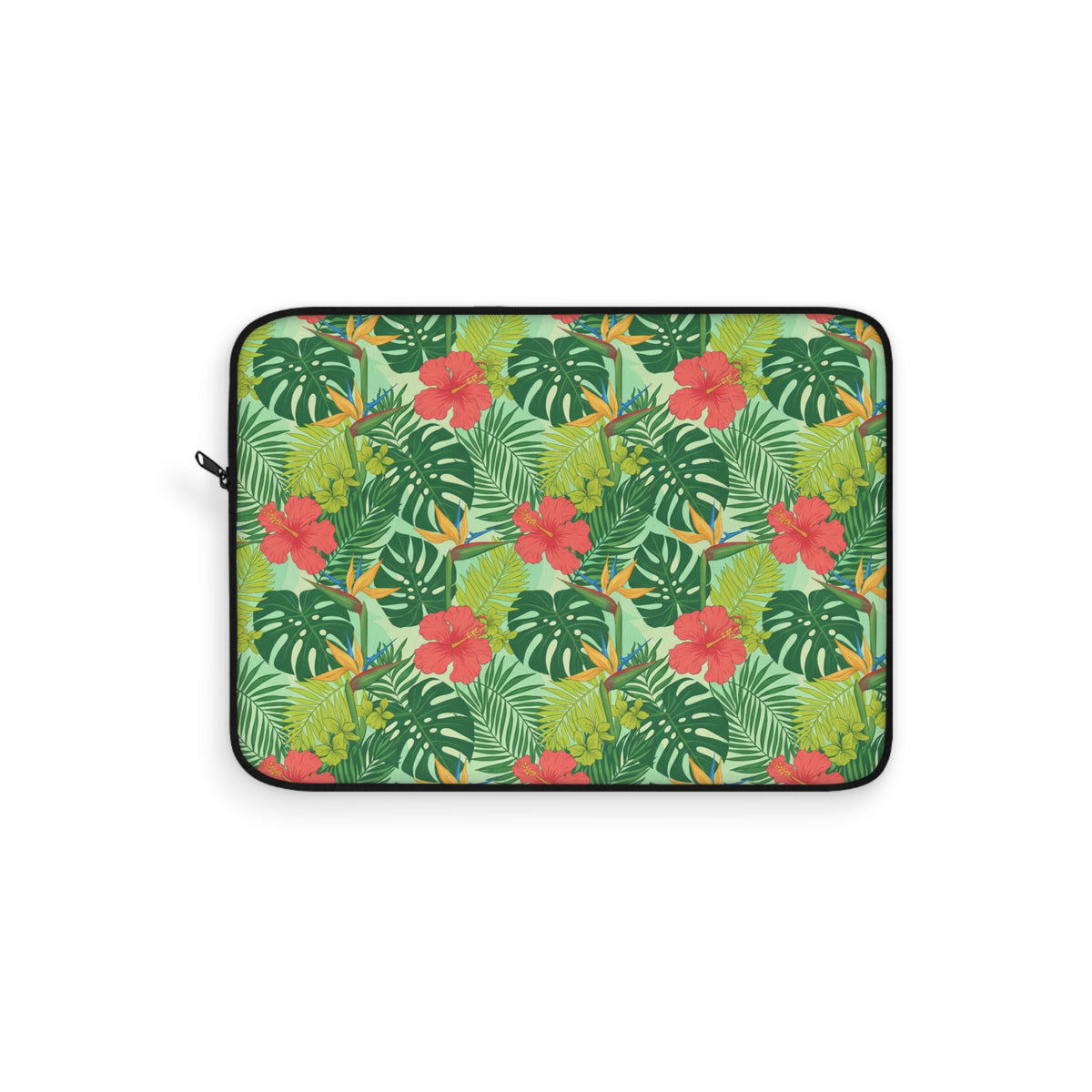 Laptop sleeve with a repeating pattern of tropical leaves, red hibiscus, and birds of paradise flowers.