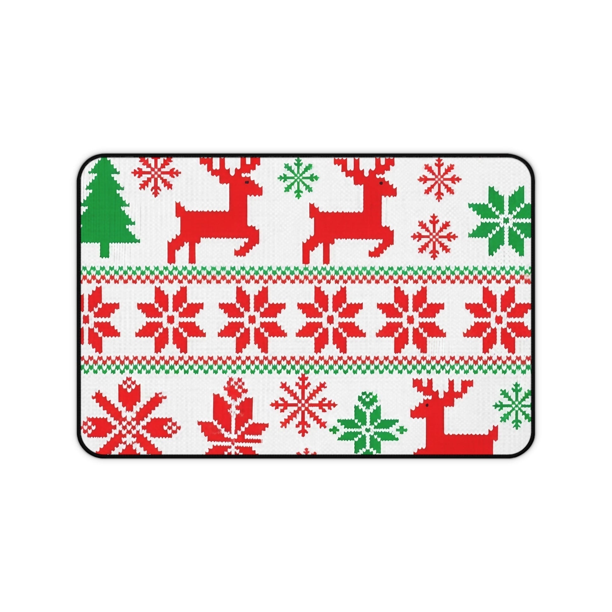 Ugly Sweater Inspired Desk Mat with festive red and green reindeer and snowflake pattern