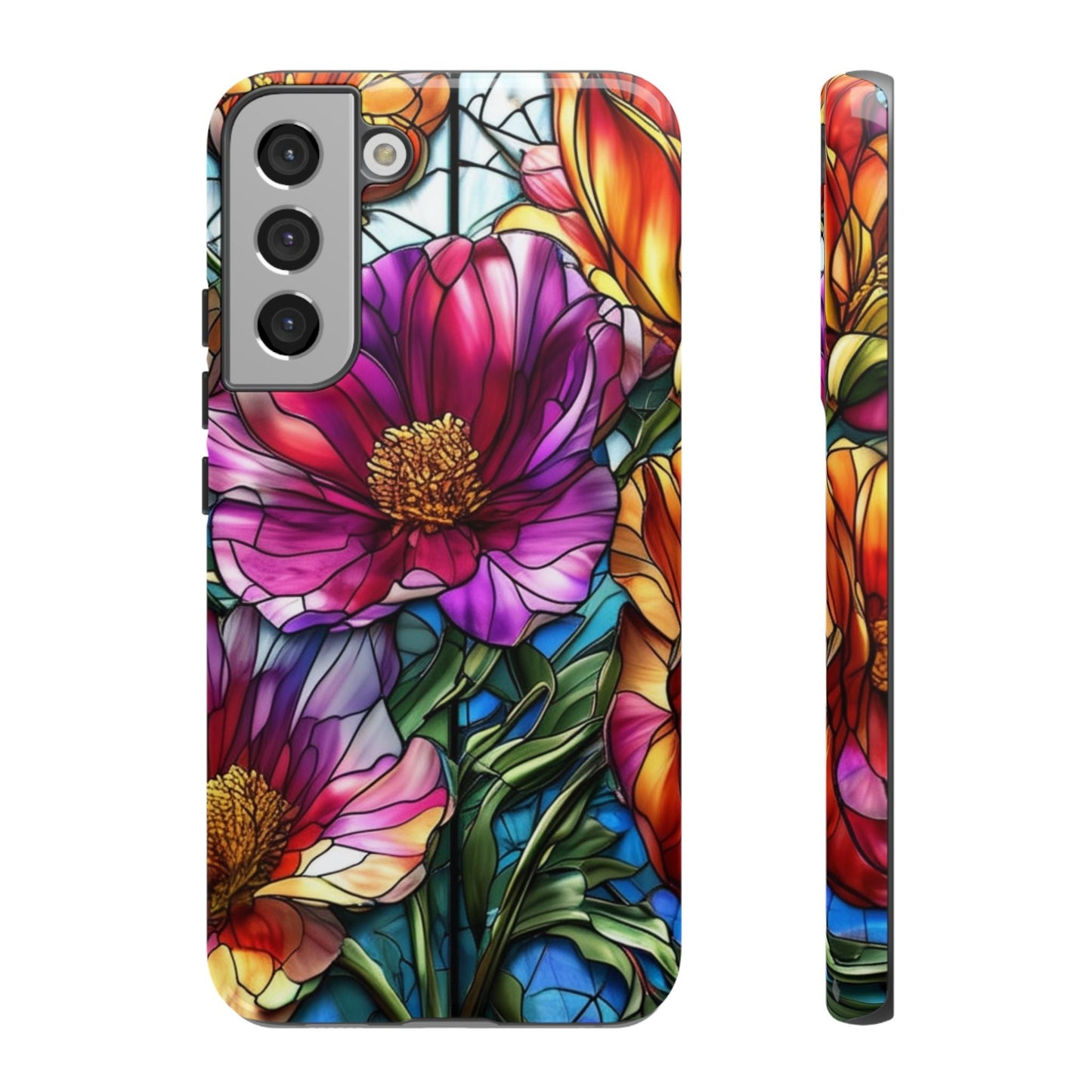 Samsung phone case with vibrant purple flower stained glass design, durable and impact-resistant, featuring 3D wrap, UV protection, and premium TPU silicone liner.