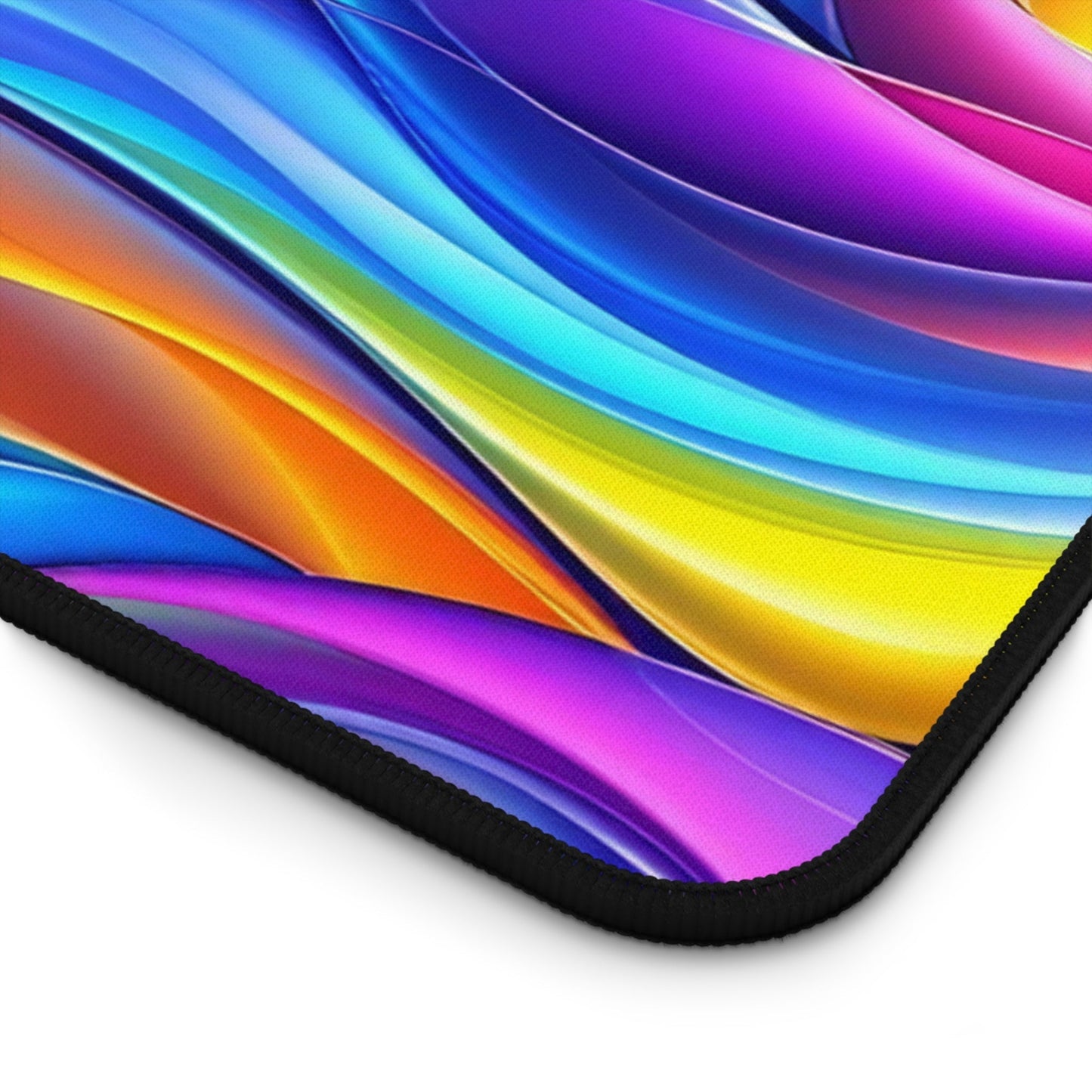 Modern Rainbow Waves desk mat with vibrant colors and non-slip hemmed edges