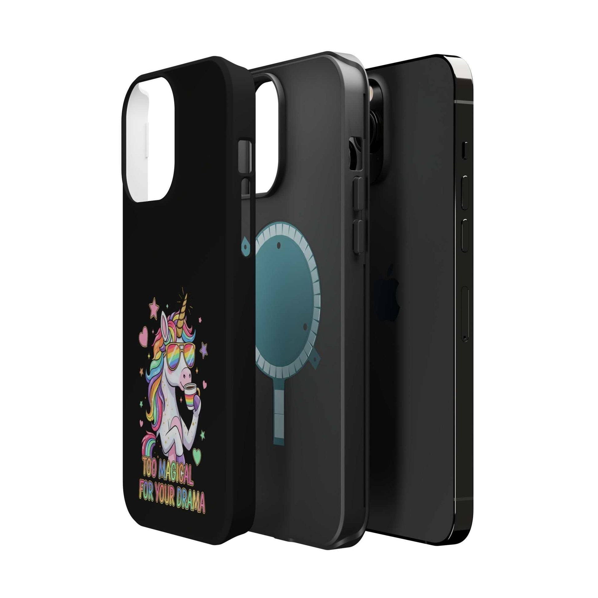 Durable iPhone case with colorful "Too Magical for your Drama" unicorn design and MagSafe compatibility.