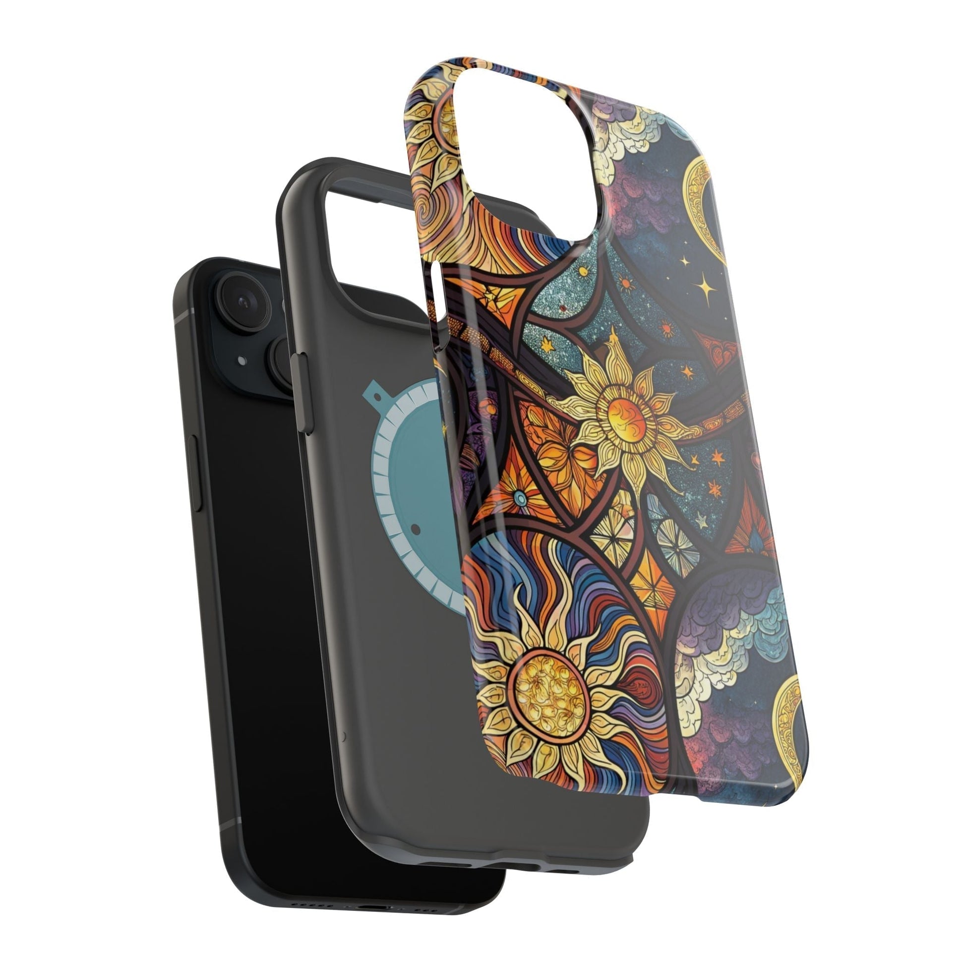 Sun and Moon iPhone case with vibrant cosmic design, dual-layer protection, and MagSafe compatibility in matte or glossy finish