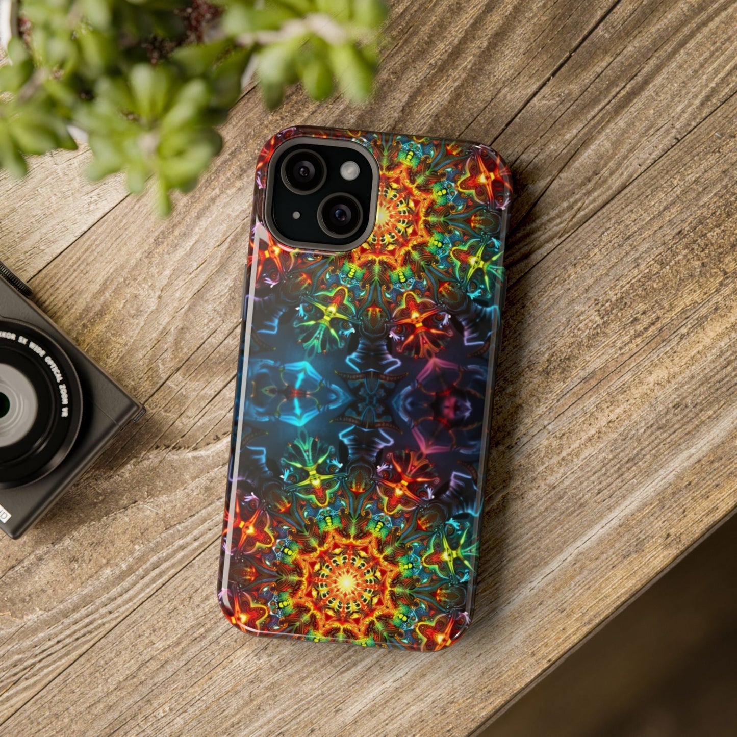 iPhone case with vibrant Abstract Kaleidoscope Design, durable dual-layer protection, MagSafe compatible, colorful artistic pattern