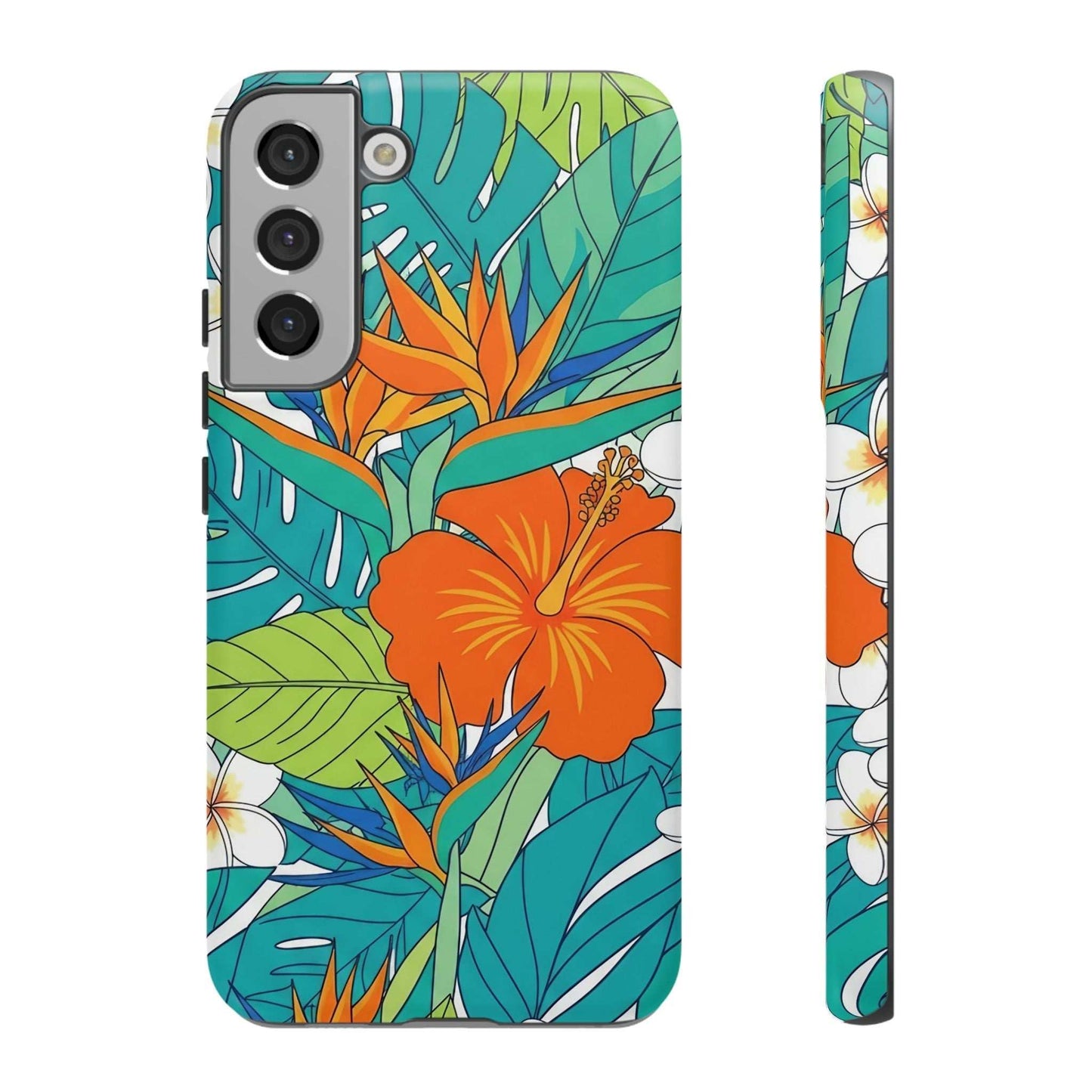 Vibrant floral Samsung case with tropical flower design and dual-layer protective shell