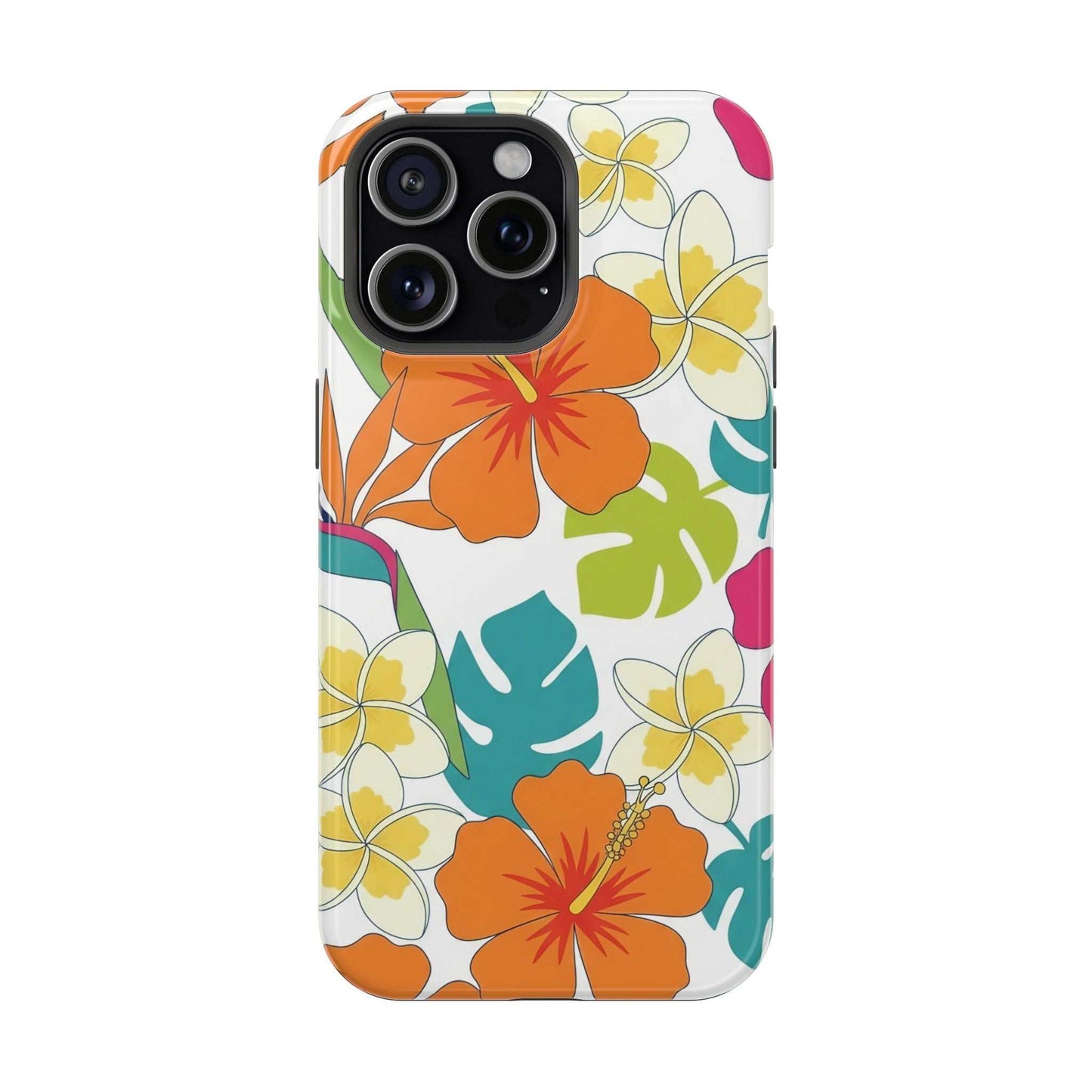 Orange floral iPhone case with impact-resistant dual-layer design and MagSafe compatibility