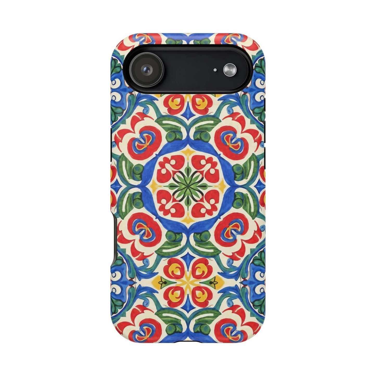 Mediterranean iPhone case with hand-painted inspired Spanish ceramic tile pattern in vibrant blue, red, green, and cream colors, impact-resistant and MagSafe compatible.