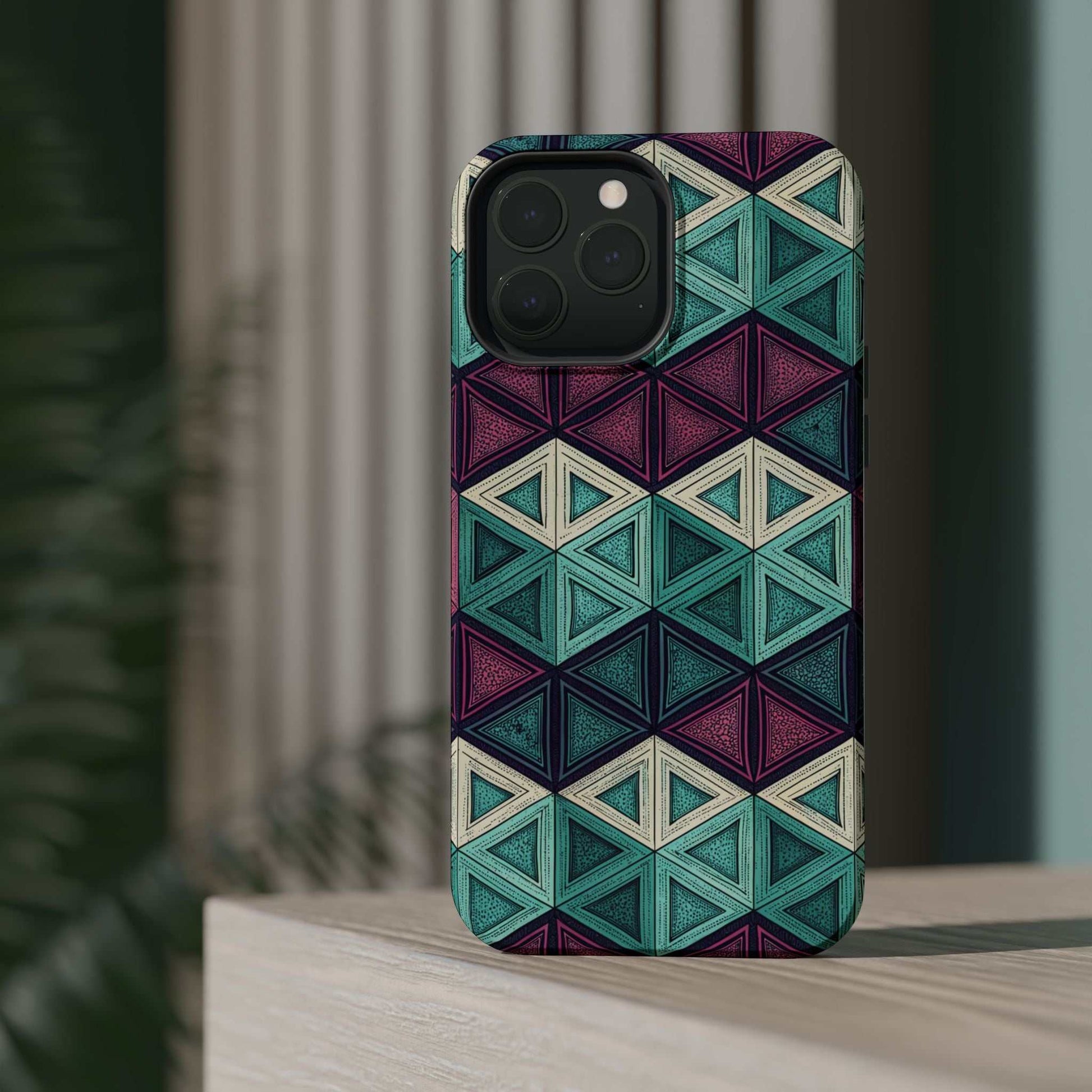 Purple and teal abstract geometric pattern iPhone tough case with MagSafe compatibility