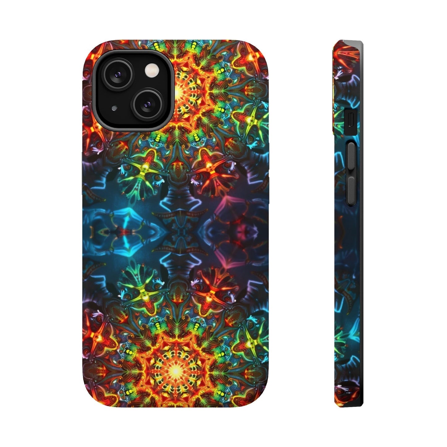 iPhone magnetic tough case with vibrant abstract kaleidoscope design and durable dual-layer protection
