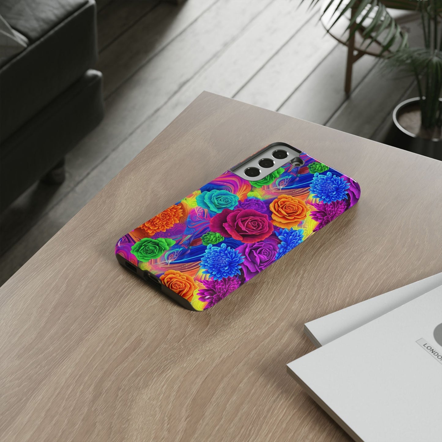 Vibrant floral Samsung phone case with colorful 3D wrap design and durable shock-absorbing protection