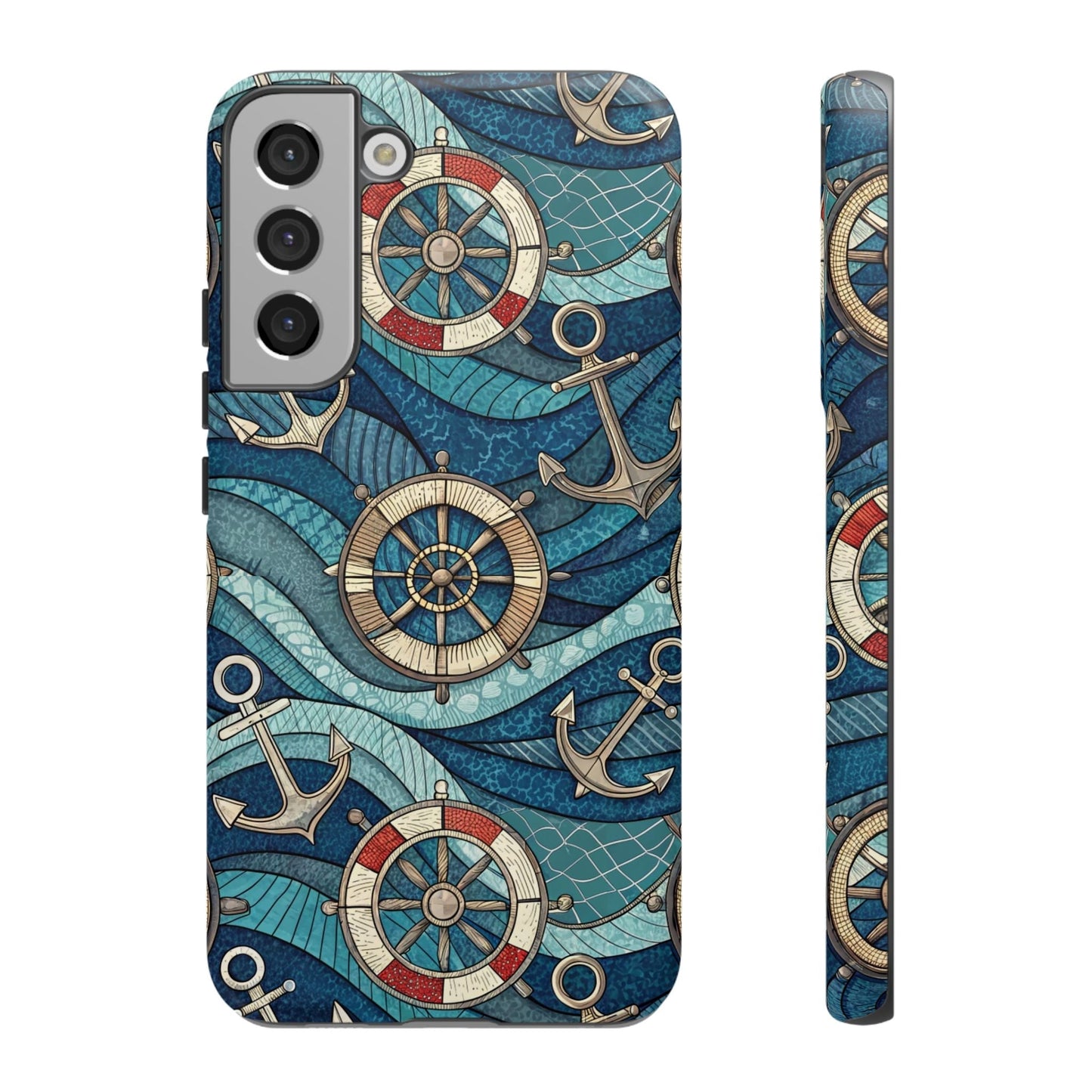 Nautical Anchor Samsung Tough Case with maritime ship wheels, anchors, and life preservers design on blue waves for Samsung Galaxy phone protection