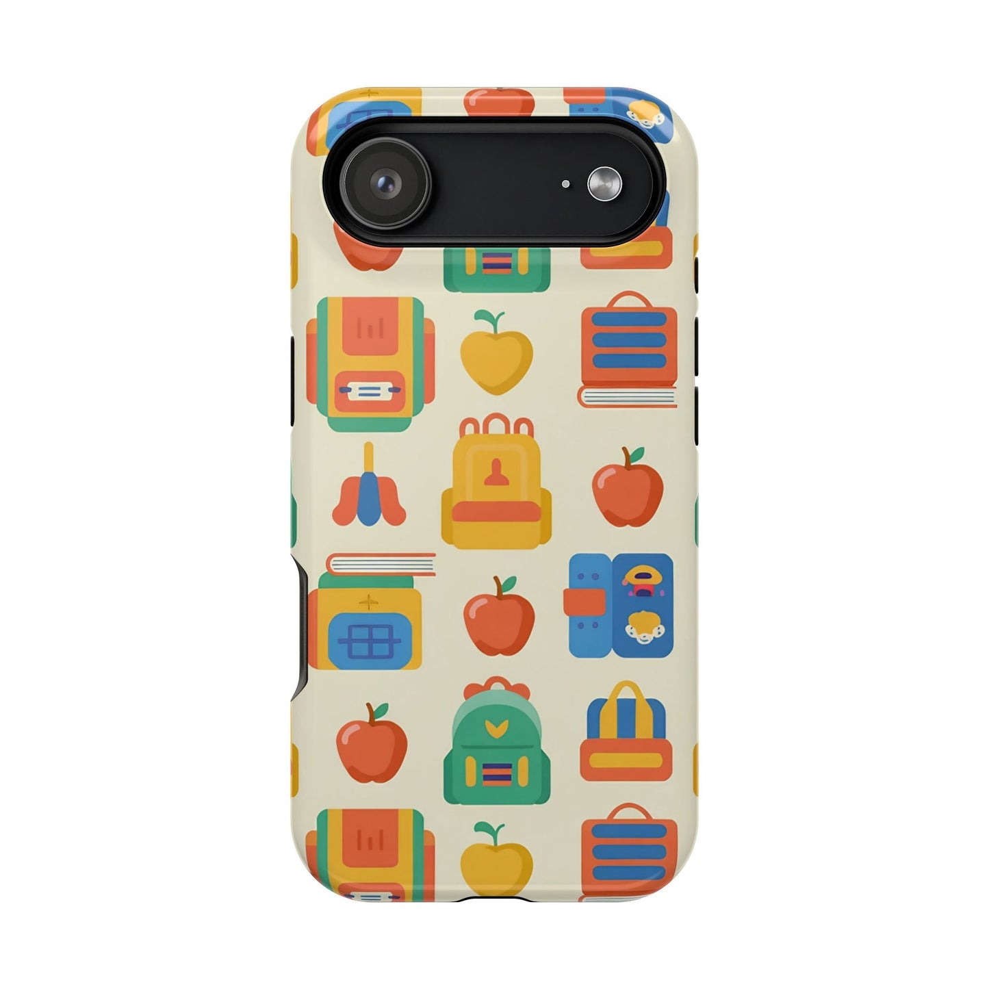 Back to School Phone Case with colorful school-themed icons for iPhone, durable magnetic tough case with dual-layer protection