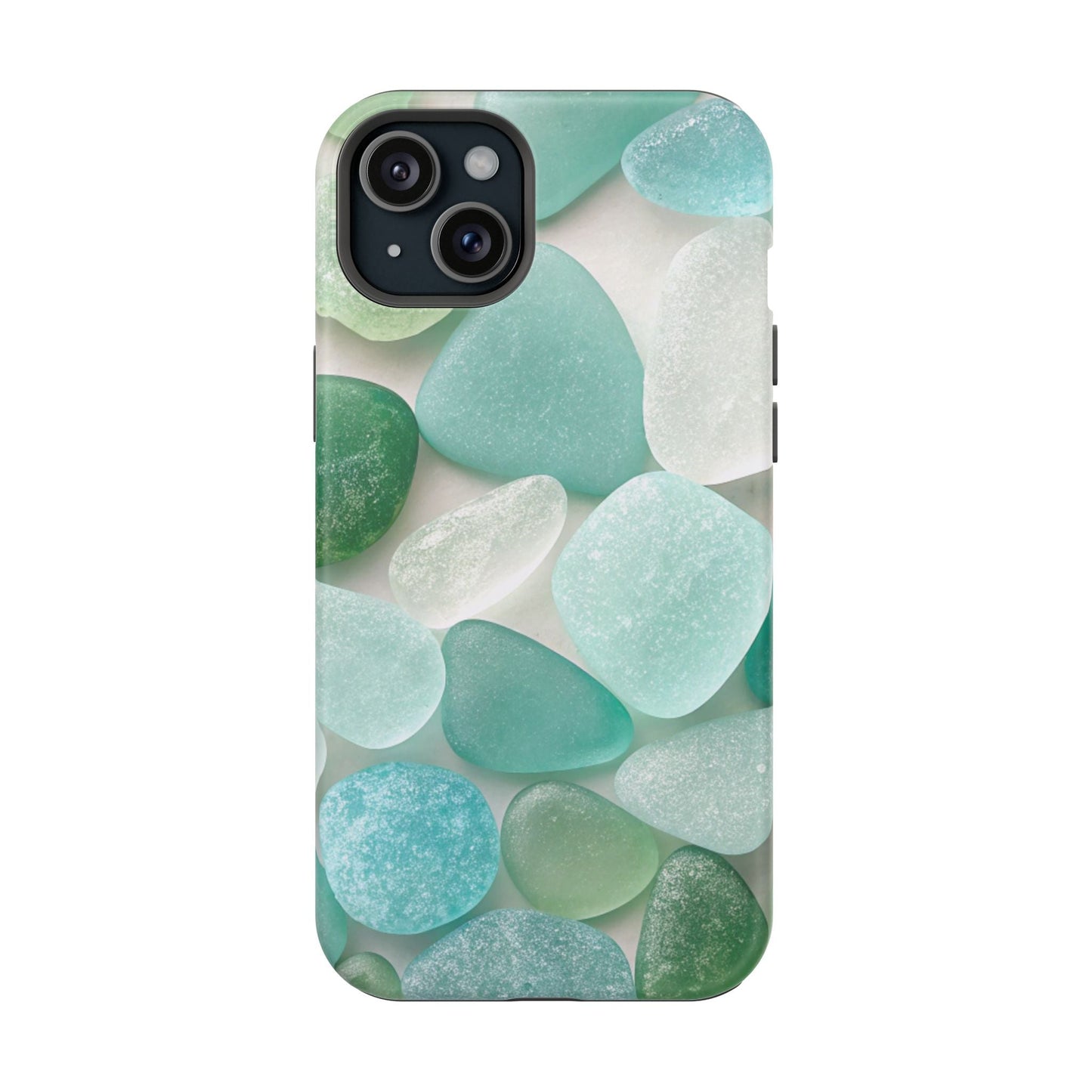 iPhone case with durable MagSafe protection featuring a sea glass inspired design in calming blue and green tones