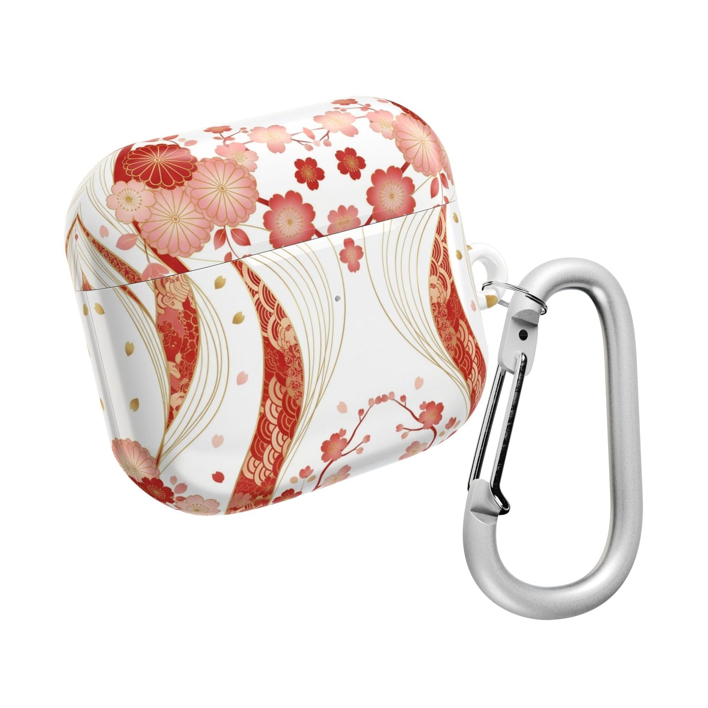 Red Golden Flower AirPod Case with floral design and attached silver carabiner clip