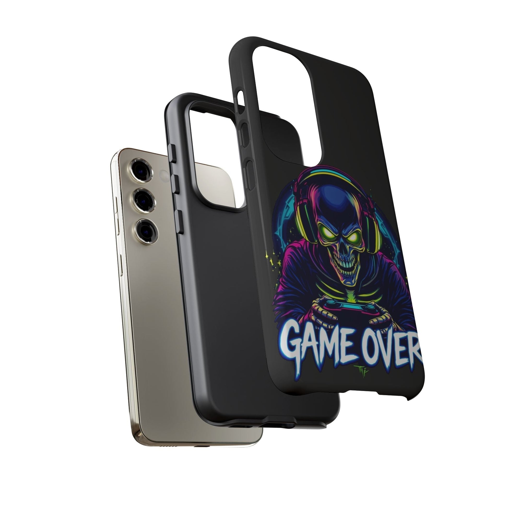 Game Over Design Samsung tough case with impact-resistant protection and vibrant gamer skull artwork for Galaxy phones