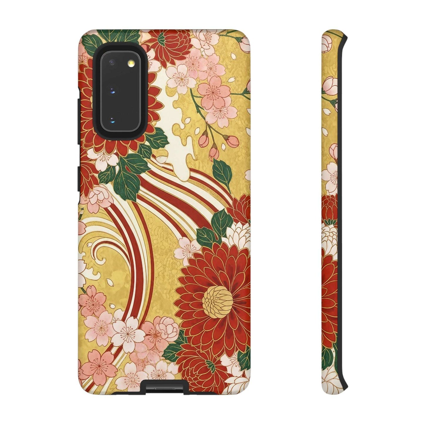 Samsung case with Japanese floral gold chrysanthemum design, durable and impact-resistant protection