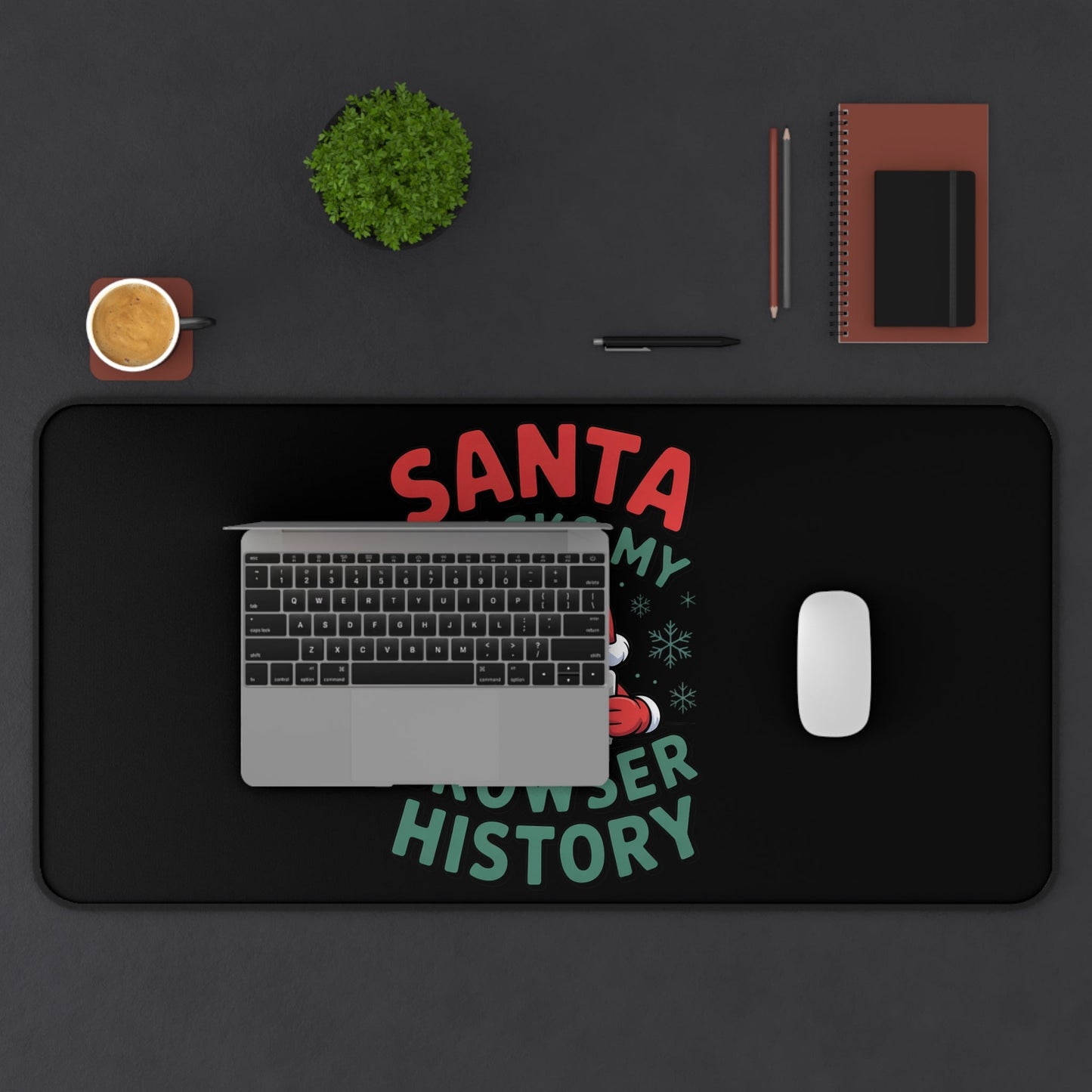 Black desk mat with funny Santa checking browser history graphic, non-slip, hemmed edges, vibrant colors, multiple sizes, holiday-themed workspace accessory