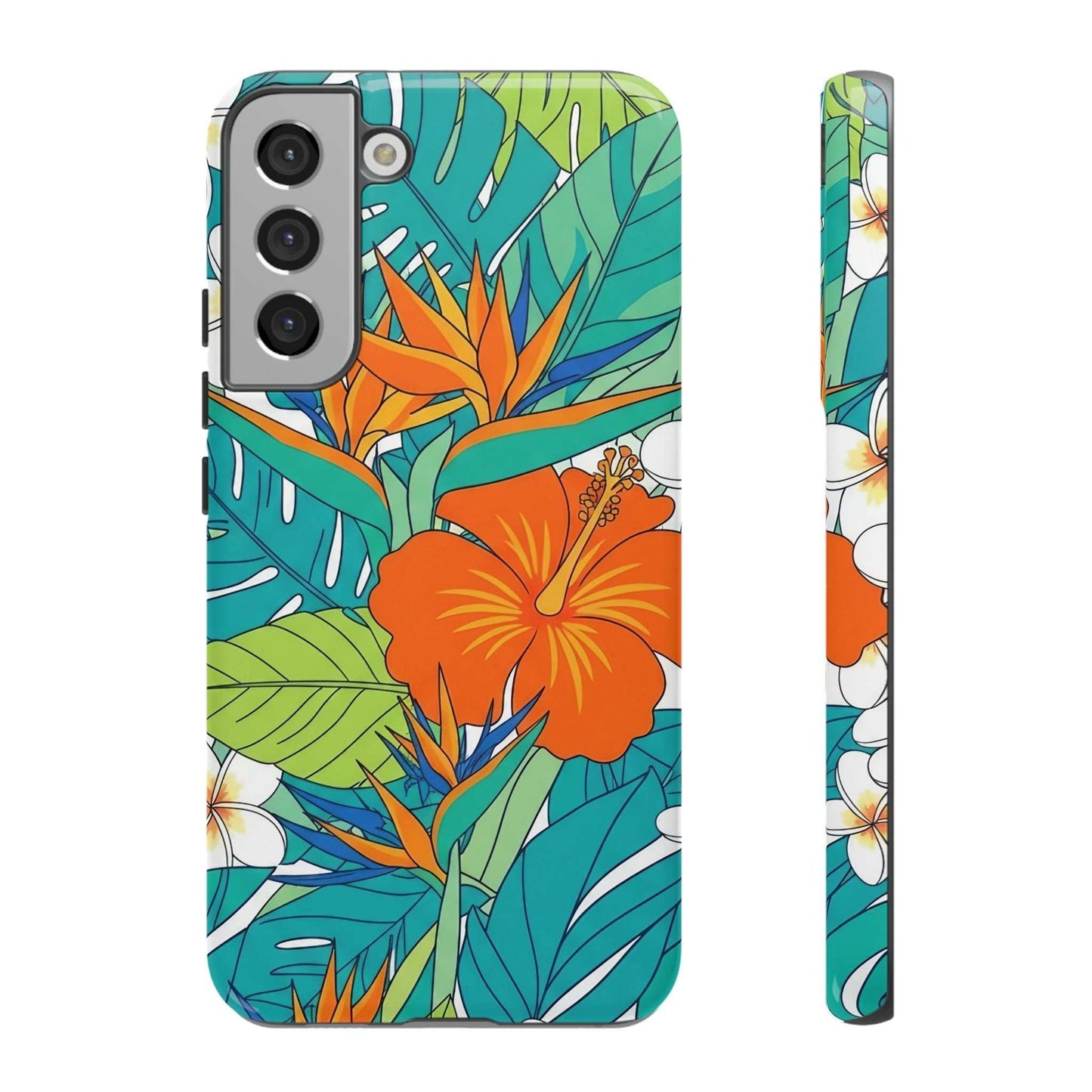 Vibrant Floral Samsung Case with tropical orange hibiscus and green leaves, durable protective phone cover.