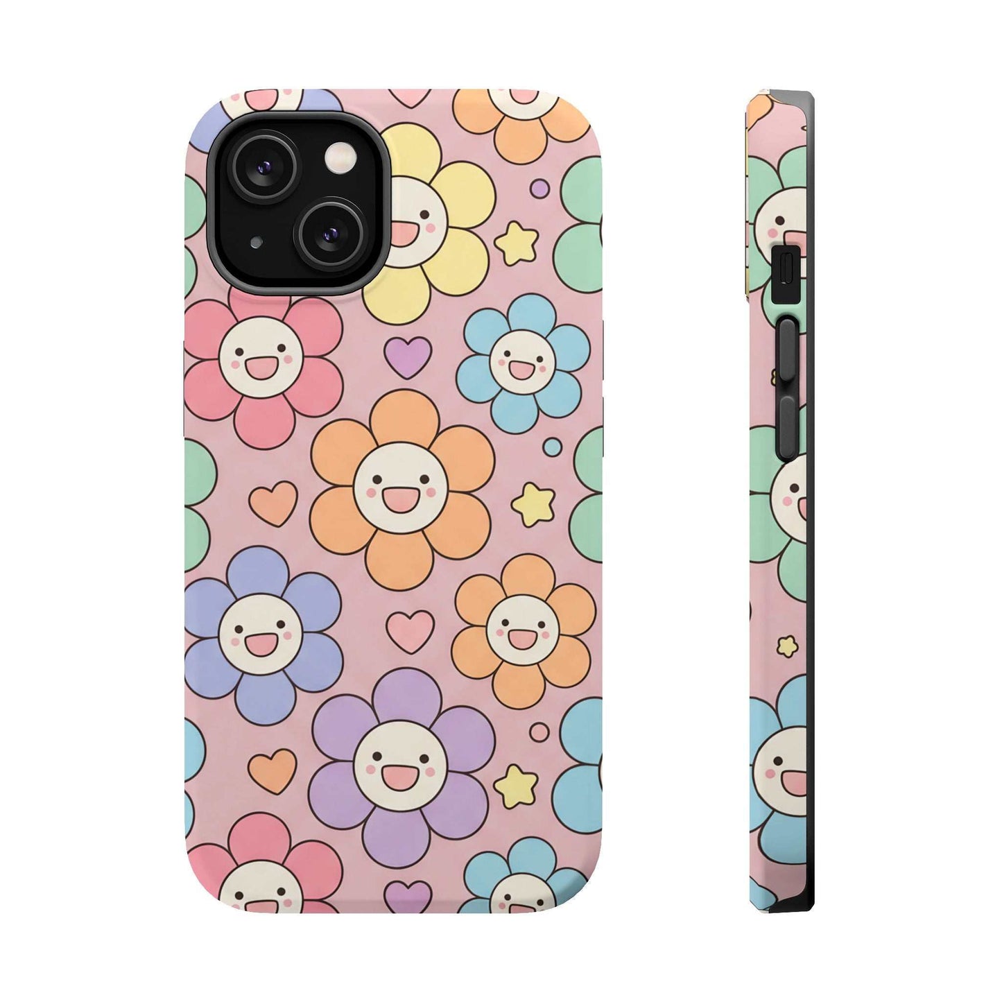 Happy Flower iPhone Tough Case with colorful smiling floral pattern and MagSafe compatibility