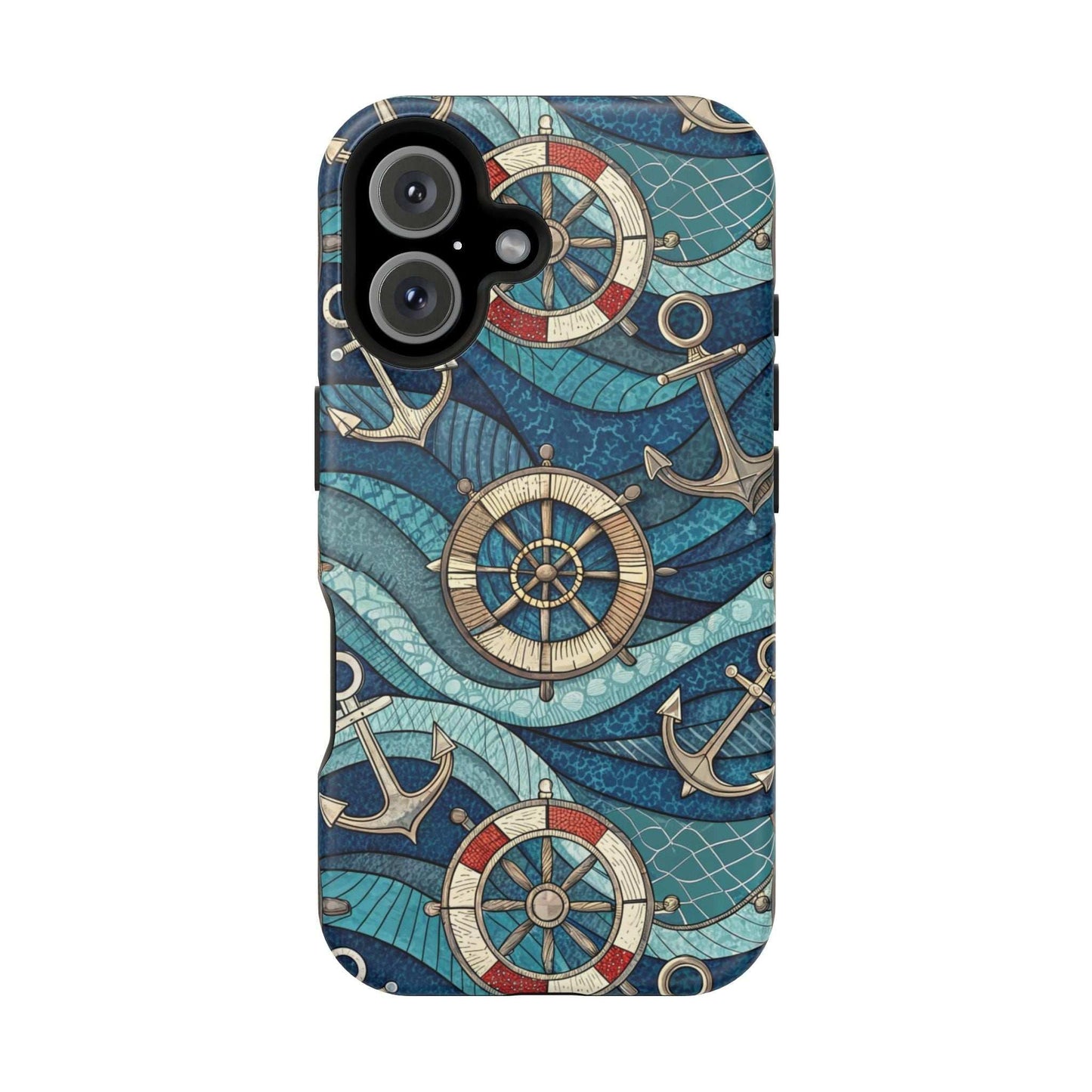 Nautical Theme iPhone Case with anchors and ship wheels design in blue ocean colors for iPhone 13–16 series