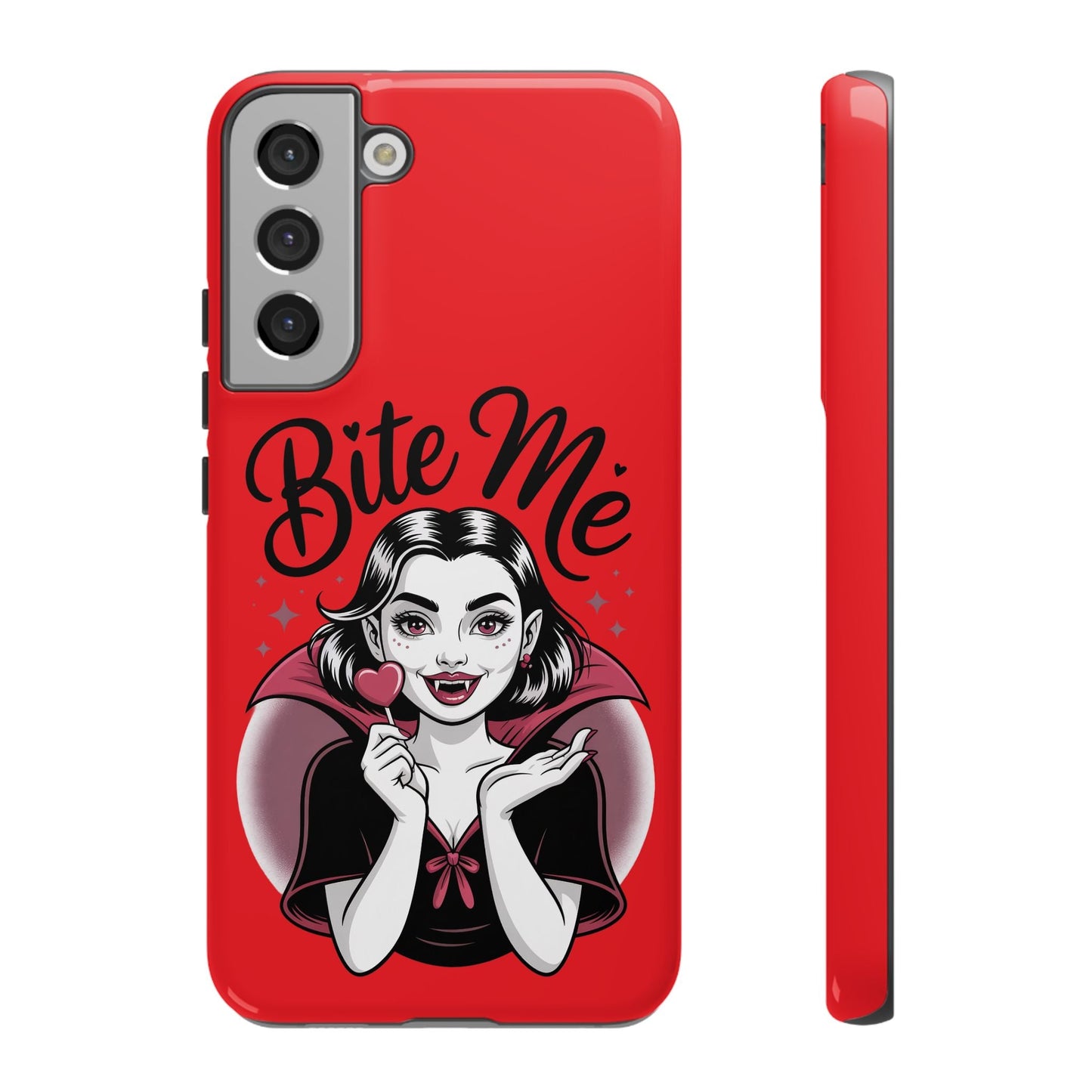 Red Samsung phone case with a vampire girl illustration and "Bite Me" text, Halloween themed protective cover for Samsung Galaxy models.
