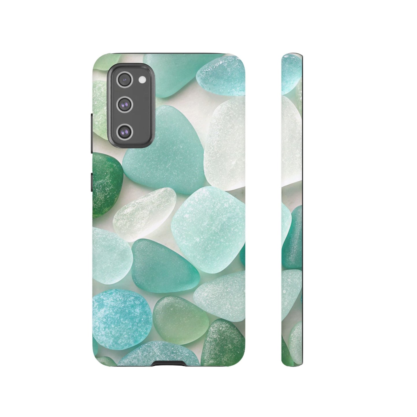 Samsung phone case with calming sea glass design in blue and green tones, durable and impact-resistant coastal style cover