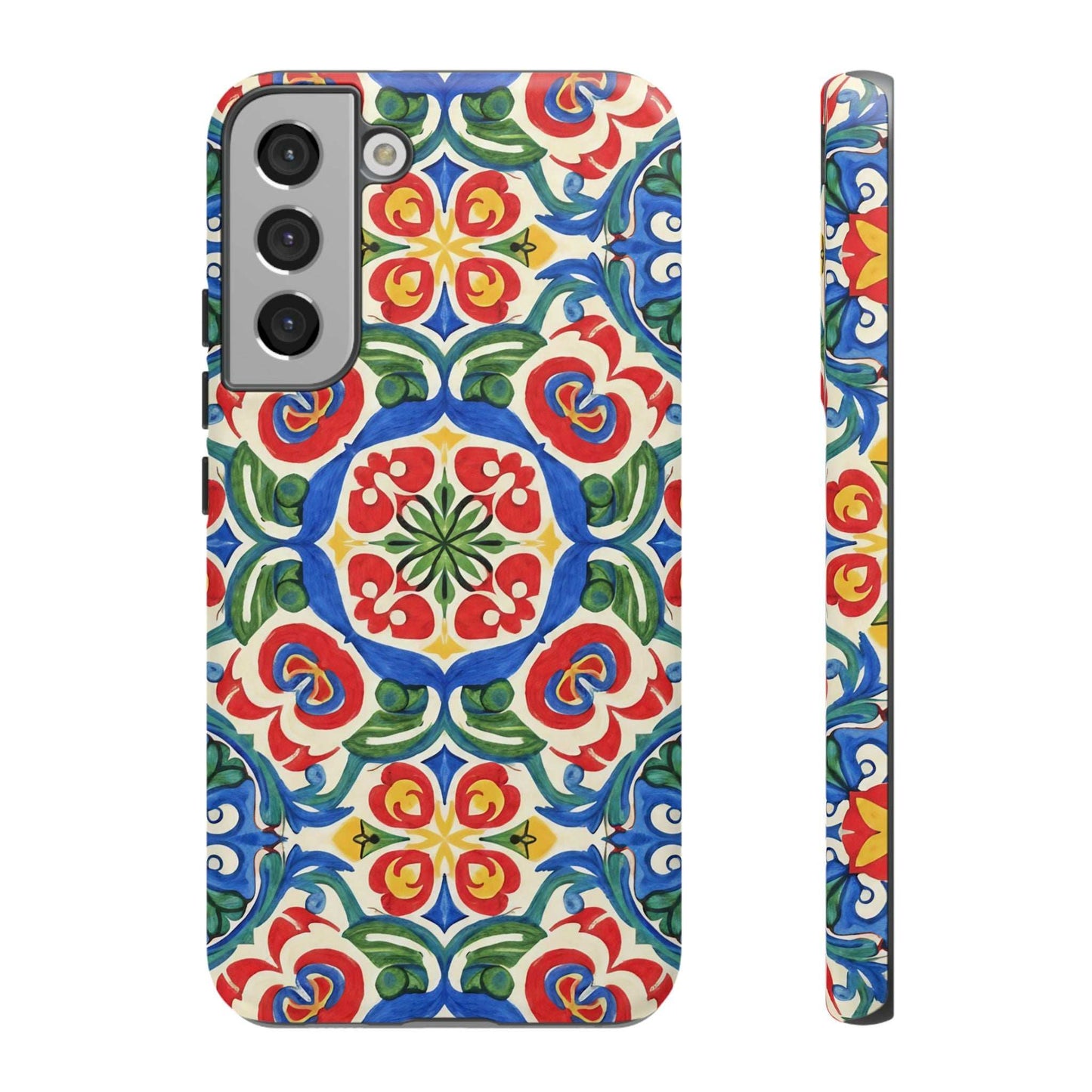 Mediterranean Samsung Case with hand-painted tile design in vibrant blues, reds, and greens, featuring dual-layer protection and seamless 3D wrap.