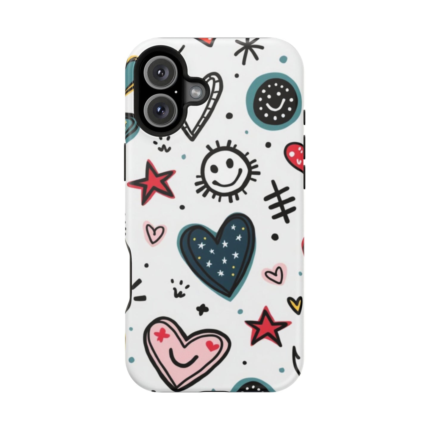 iPhone tough case with colorful cartoon hearts, smiles, and stars design, durable protective dual layer with MagSafe compatibility