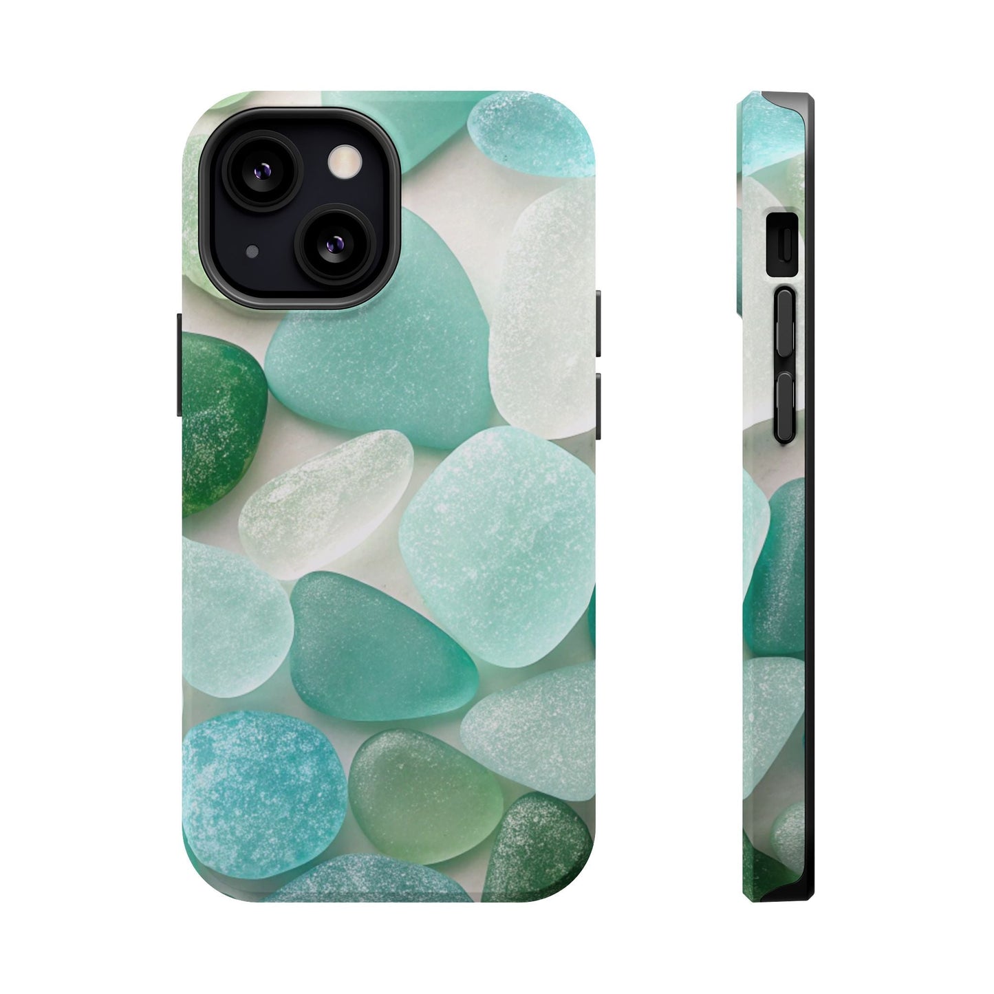 iPhone case with sea glass inspired design featuring teal and green translucent stones, durable dual-layer protection with MagSafe compatibility