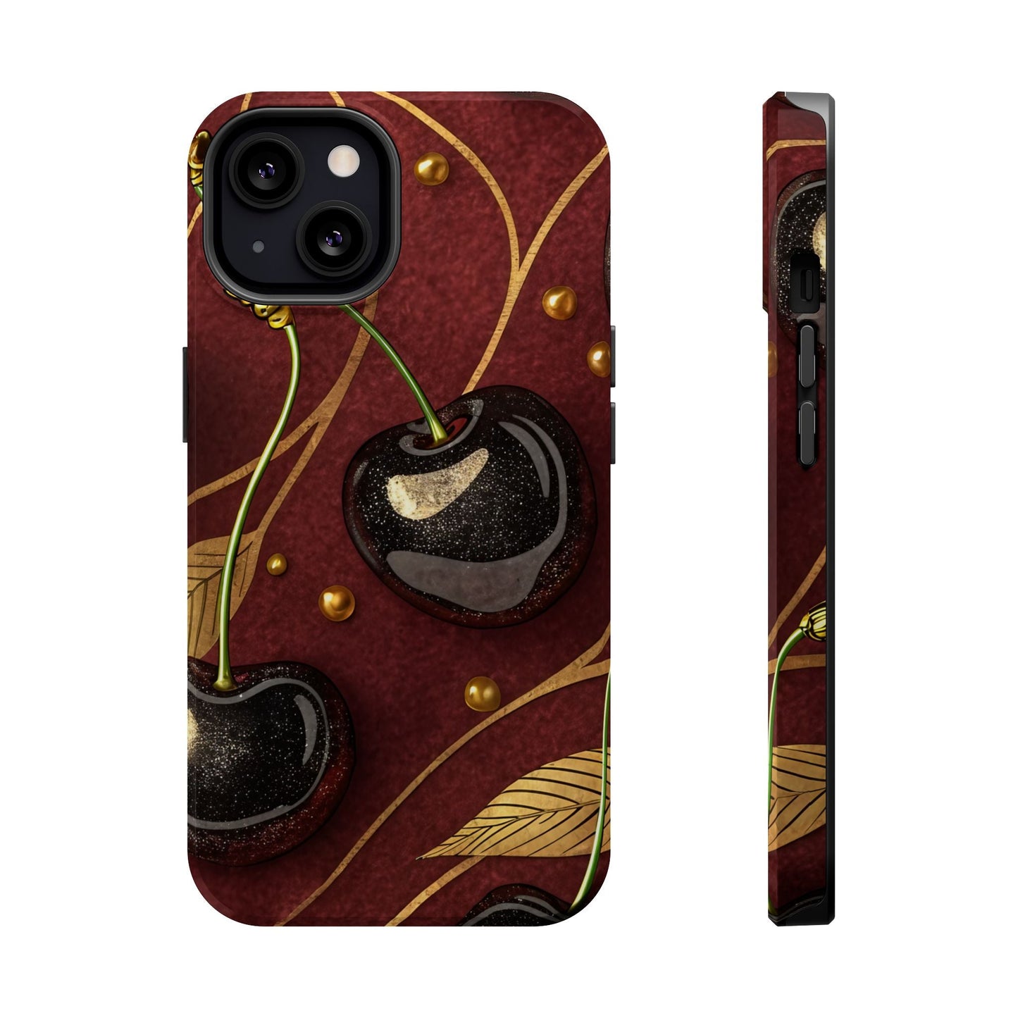 Golden Cherry iPhone Tough Case with stylish cherry-gold design, durable dual-layer protection, and MagSafe compatibility