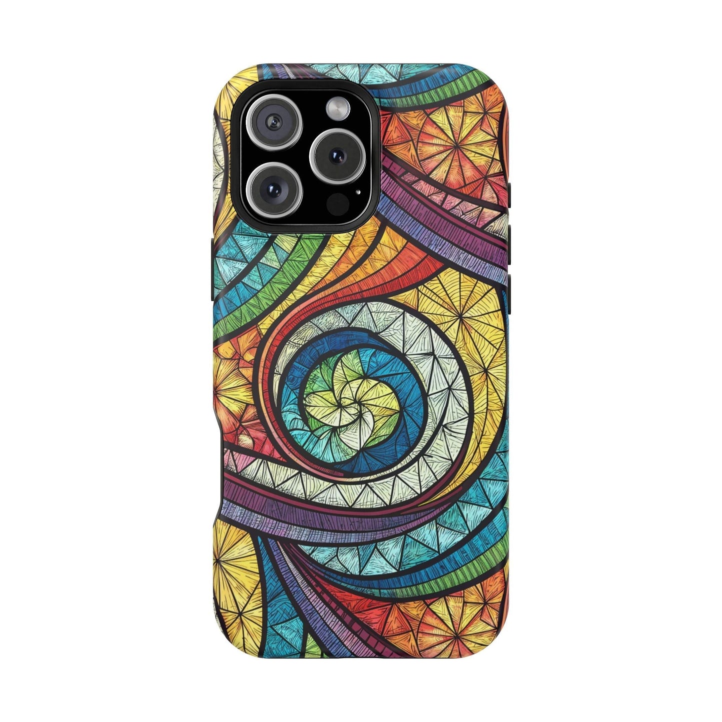 Stained glass inspired rainbow swirl iPhone case with vibrant wrap-around design and MagSafe compatibility