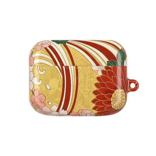 Japanese floral gold chrysanthemum AirPod case with gloss finish and carabiner attachment