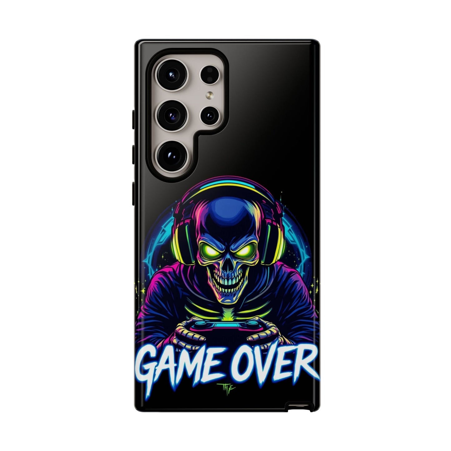 Samsung phone with Game Over Design Samsung tough case featuring a colorful skull gamer with headphones and controller on a black impact-resistant cover
