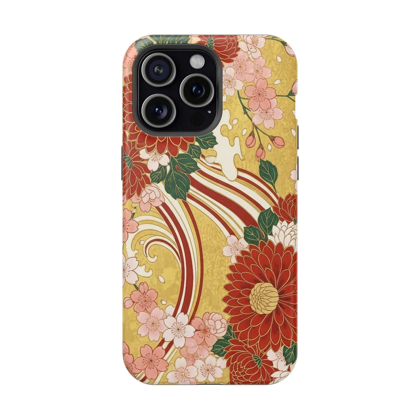 iPhone case with Japanese chrysanthemum and cherry blossom floral design, magnetic, impact-resistant, slim protective cover