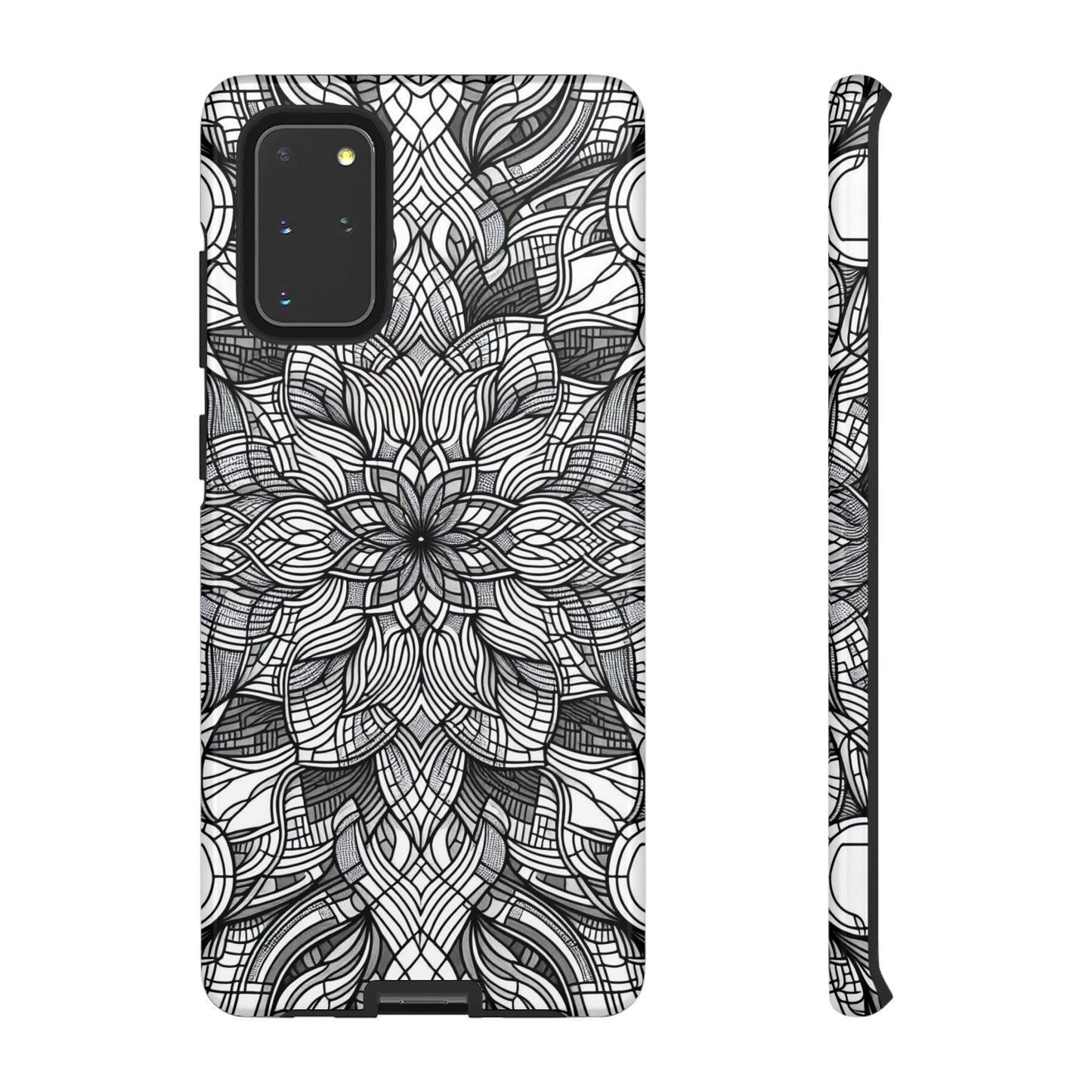 Samsung Tough Case with black and white intricate Art Explosion floral design, full protective cover for Samsung Galaxy models.