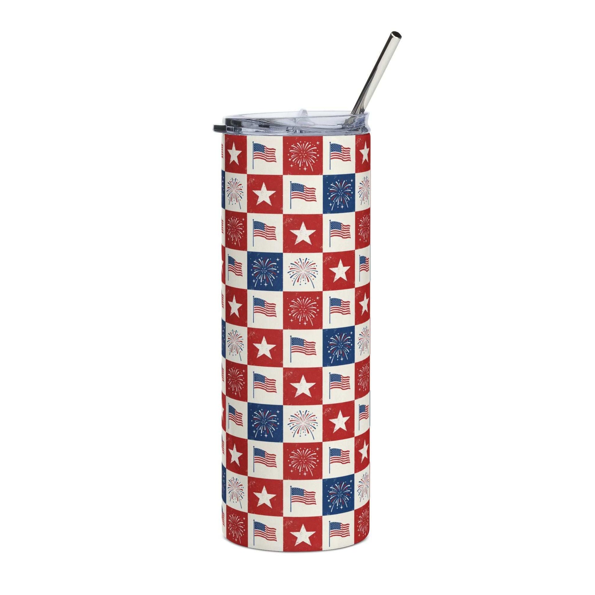250th July 4th patriotic stainless steel tumbler with checkered American flag design and splash-resistant lid