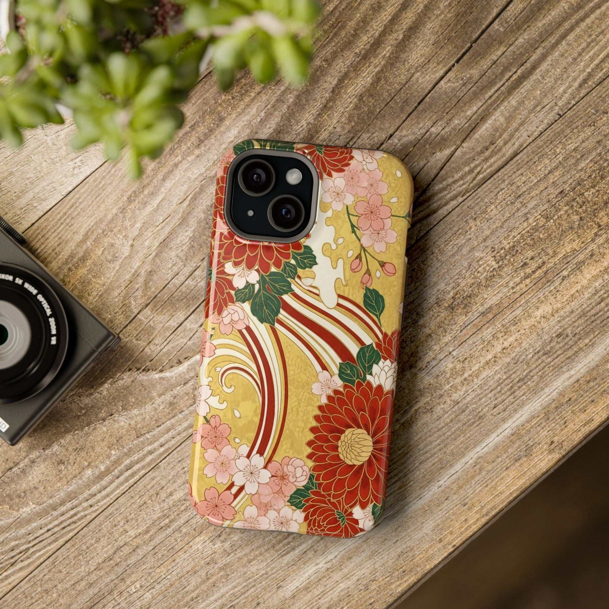 iPhone case with Japanese chrysanthemum and cherry blossom design, magnetic impact-resistant protection, and full-wrap floral print