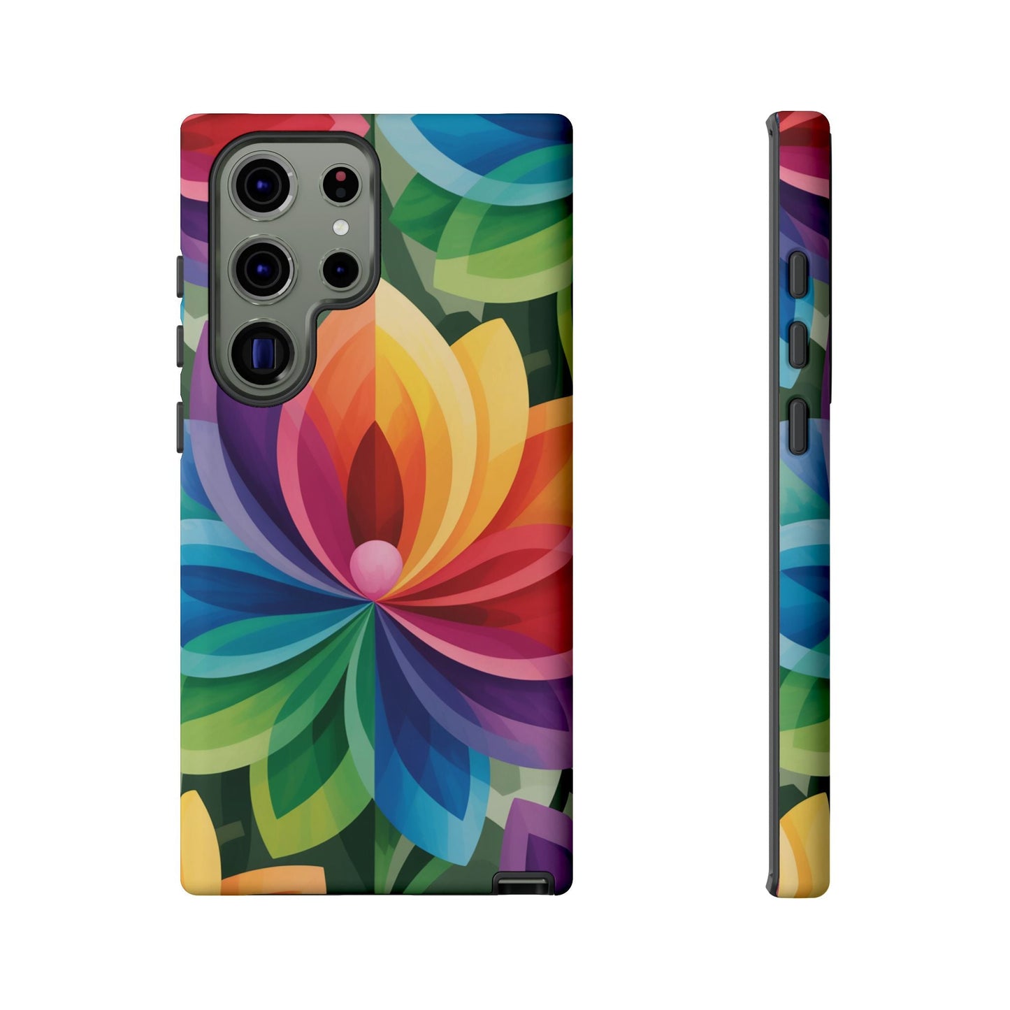 Samsung Tough Case with vibrant rainbow flower design, durable and impact-resistant phone protection.
