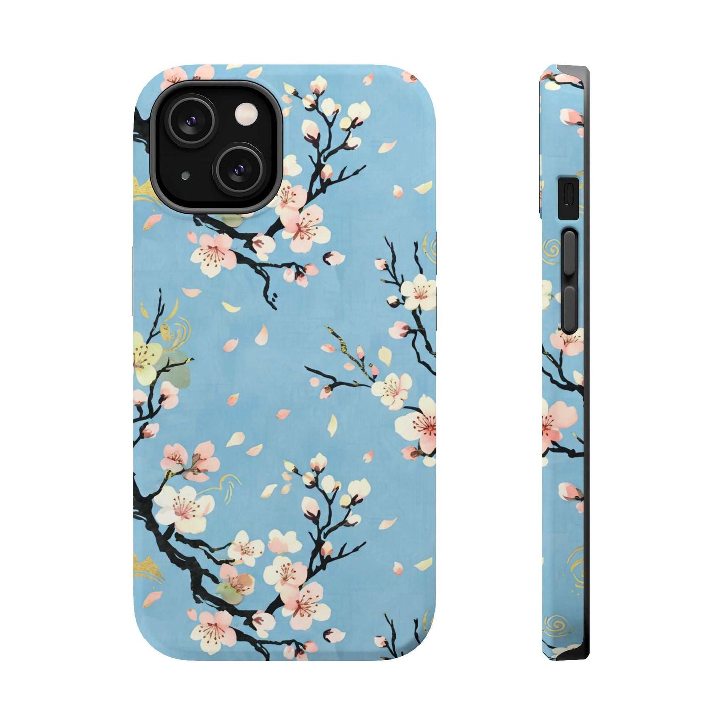Spring Bloom iPhone Tough Case with floral print and MagSafe compatibility on blue background