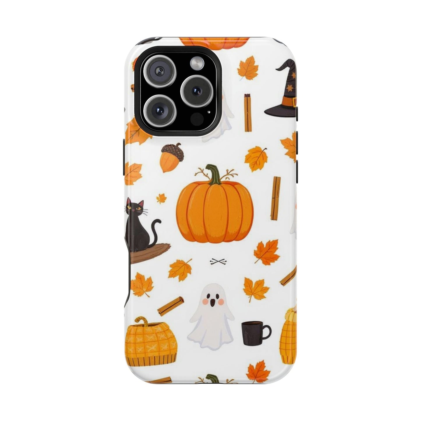 iPhone case with Halloween pumpkins, ghosts, and festive autumn design