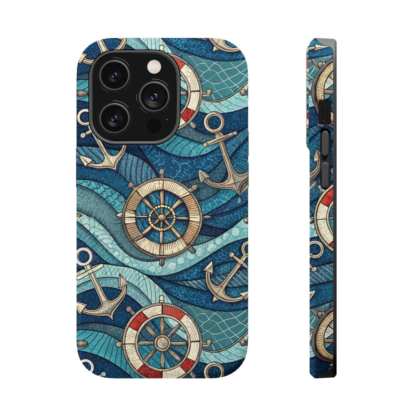 Nautical Theme iPhone Case with anchors and ship wheels design, blue coastal pattern, durable protection for iPhone 13-16 series