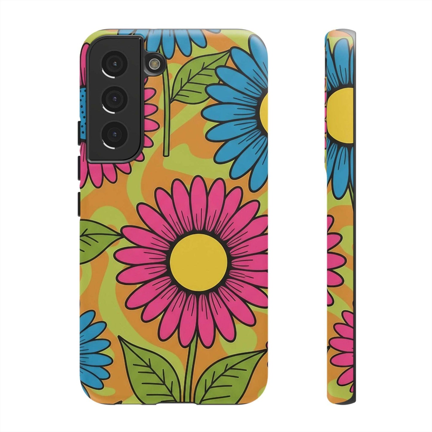 Samsung Tough Case with colorful floral design, durable impact-resistant shell, and shock-absorption silicone liner for phone protection