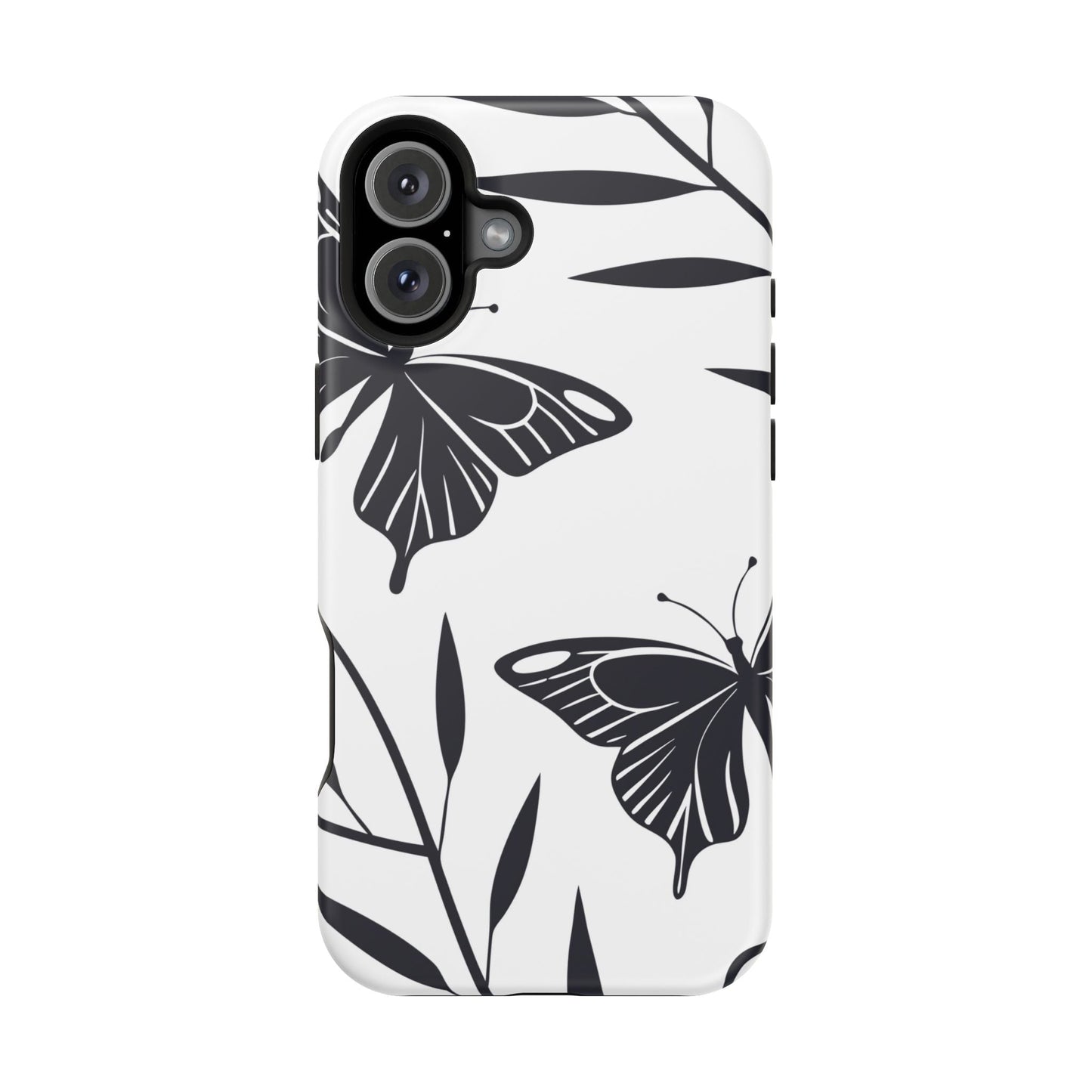 Black and white minimalist butterfly design iPhone case with protective dual-layer build and MagSafe compatibility