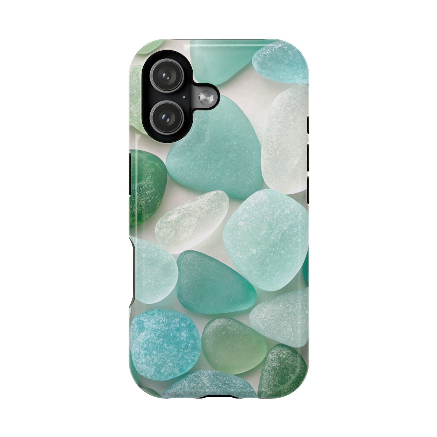 Sea Glass Inspired Design iPhone case with protective polycarbonate and TPU, matte or glossy finish, built-in MagSafe magnet, beach aesthetic.