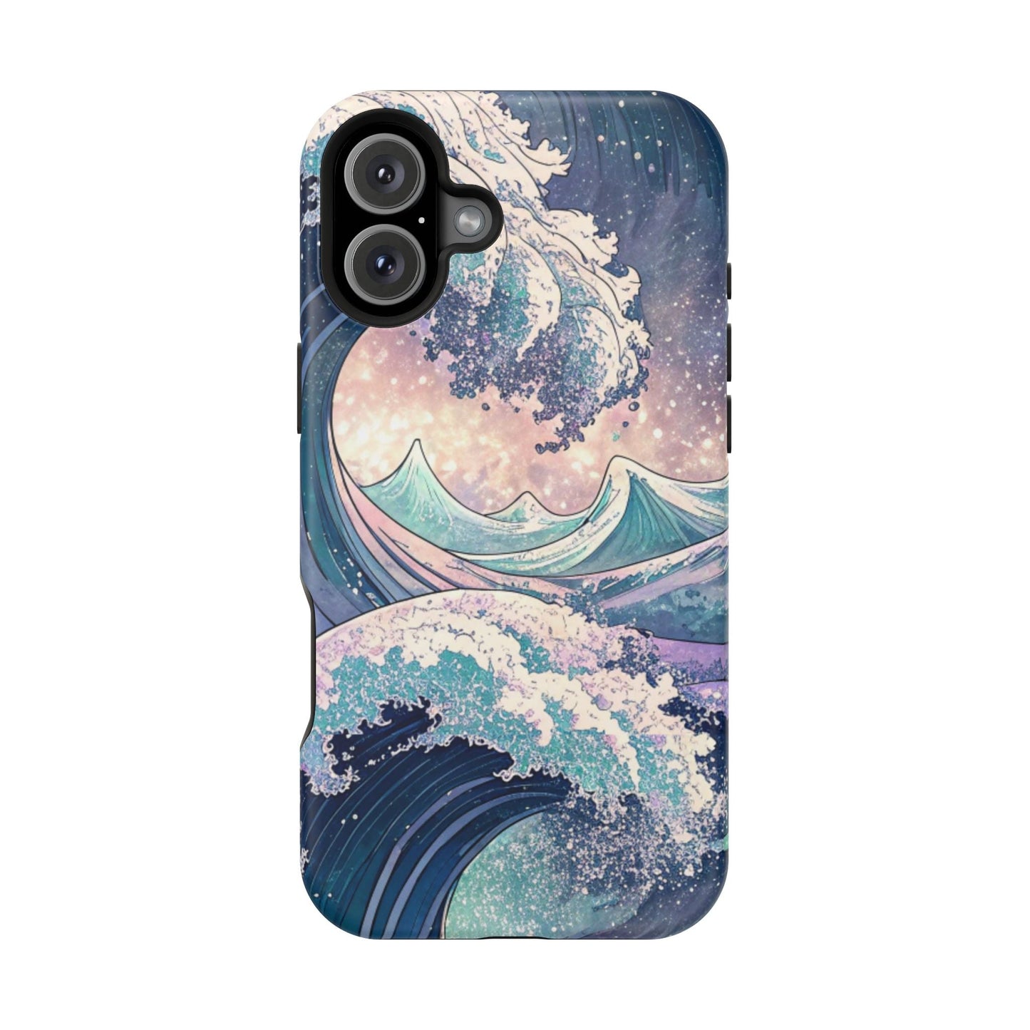 iPhone tough case with crashing waves design and built-in MagSafe magnet, available in matte or glossy finish, durable dual-layer protection.
