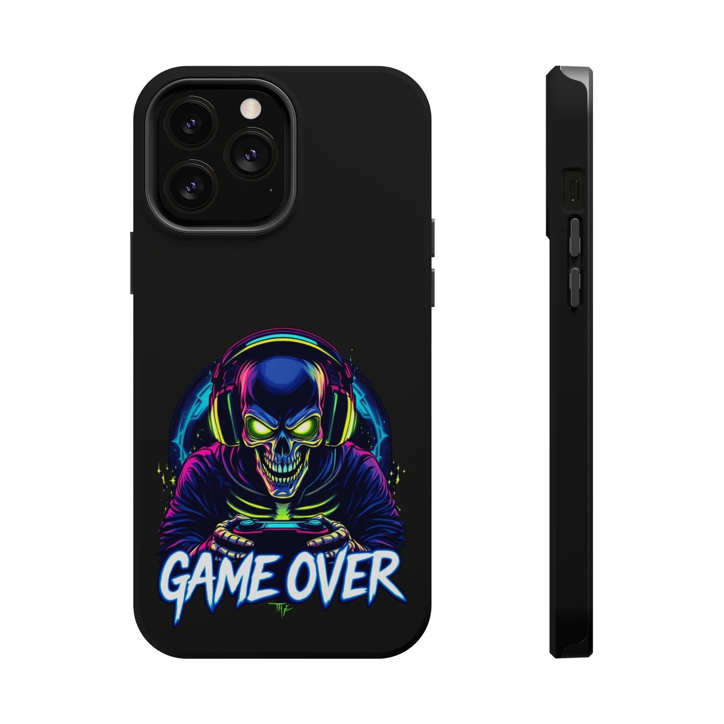 Game Over Gamer iPhone tough case with vibrant skull gamer design and MagSafe compatibility for durable protection.