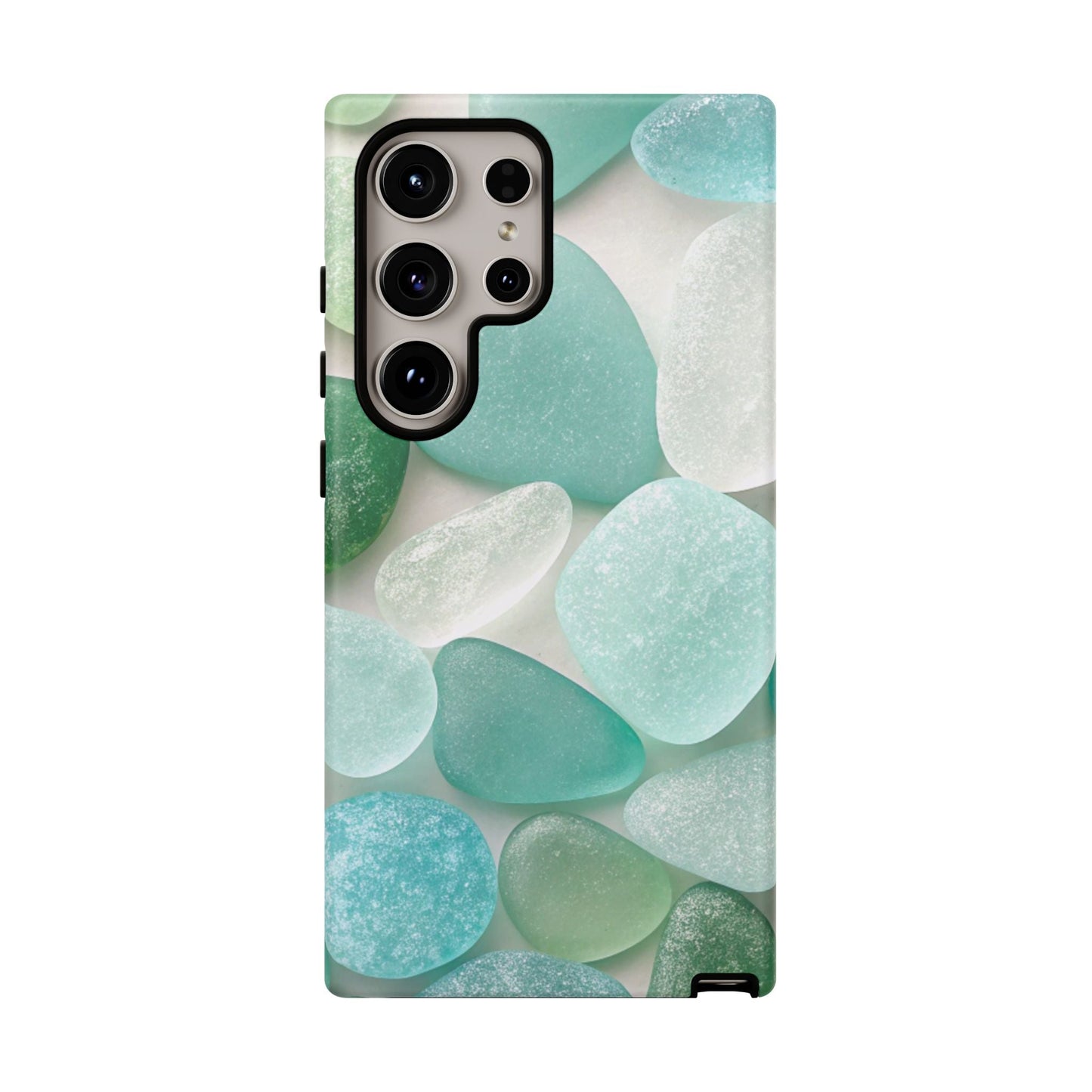 Samsung phone case with sea glass design in calming blue and green tones, durable and impact-resistant protective cover.