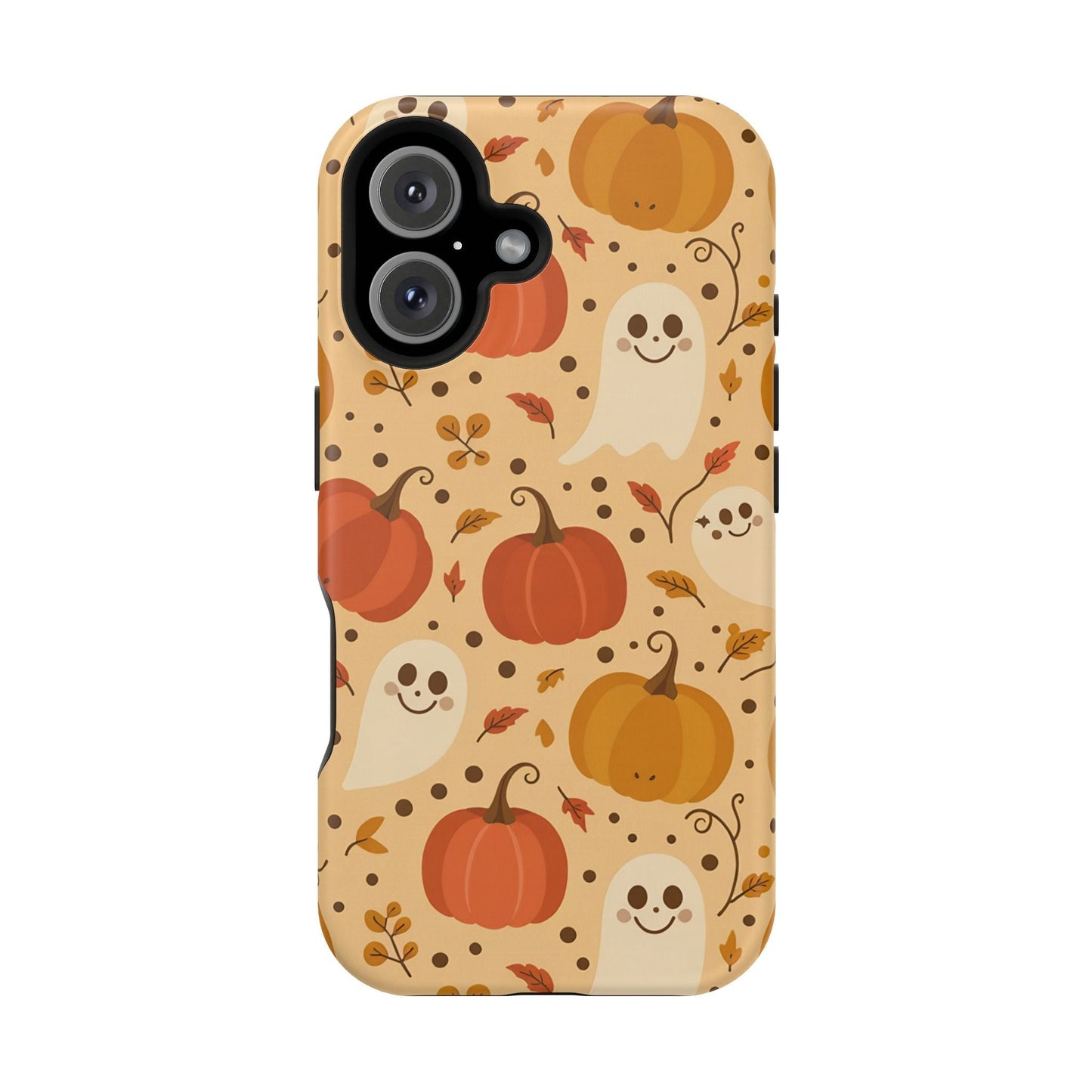iPhone case with spooky pumpkins and ghosts Halloween design, MagSafe compatible, durable protective phone cover