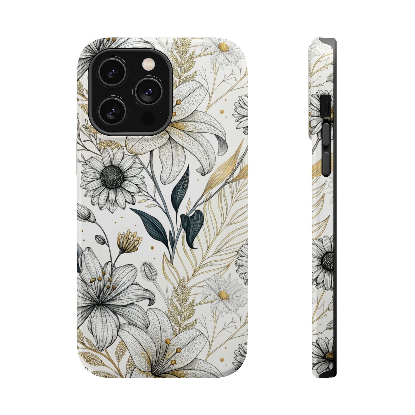 Durable iPhone case with modern golden leaf and floral minimalist design, tough polycarbonate and TPU protection, MagSafe compatible.