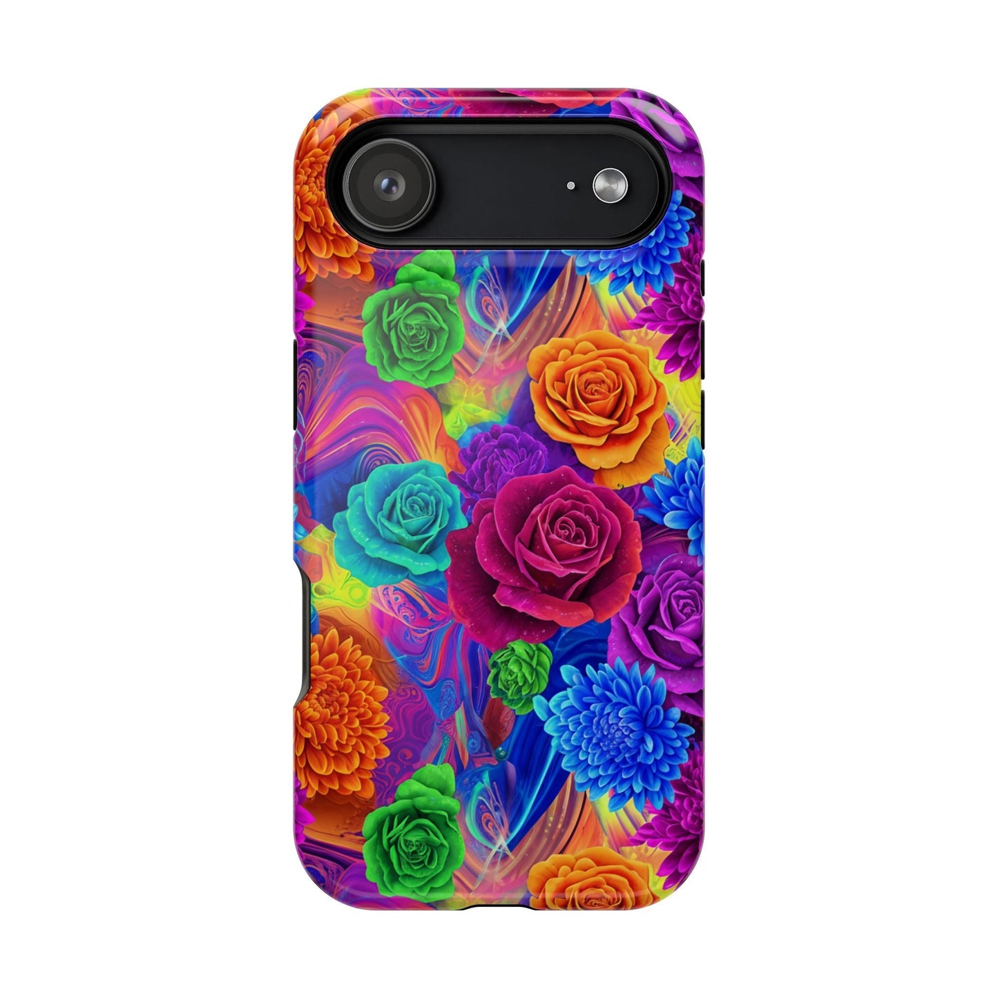 Colorful iPhone tough case with vibrant seamless floral pattern and impact-resistant dual-layer design