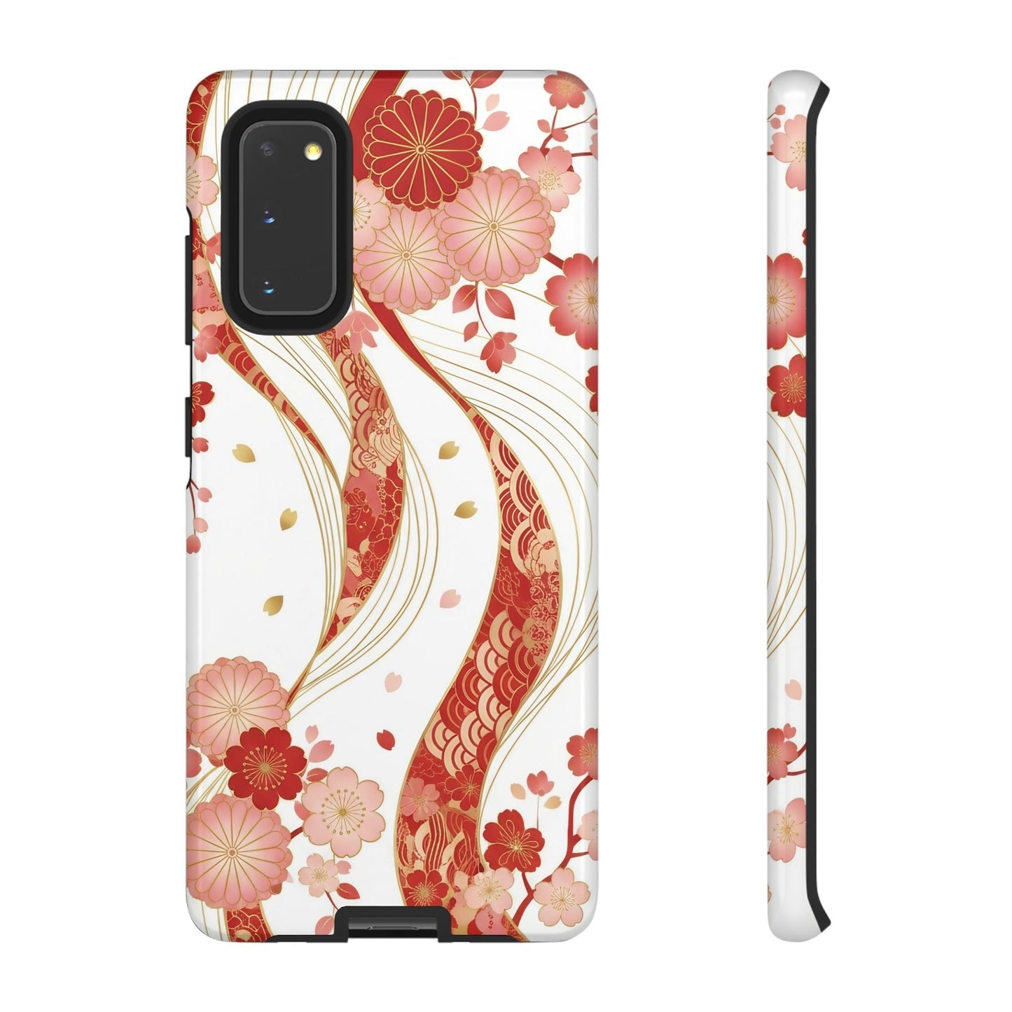 Samsung phone case with elegant red and golden floral design, 3D wrap, durable shock-absorbent protection, and slim wireless charging support.